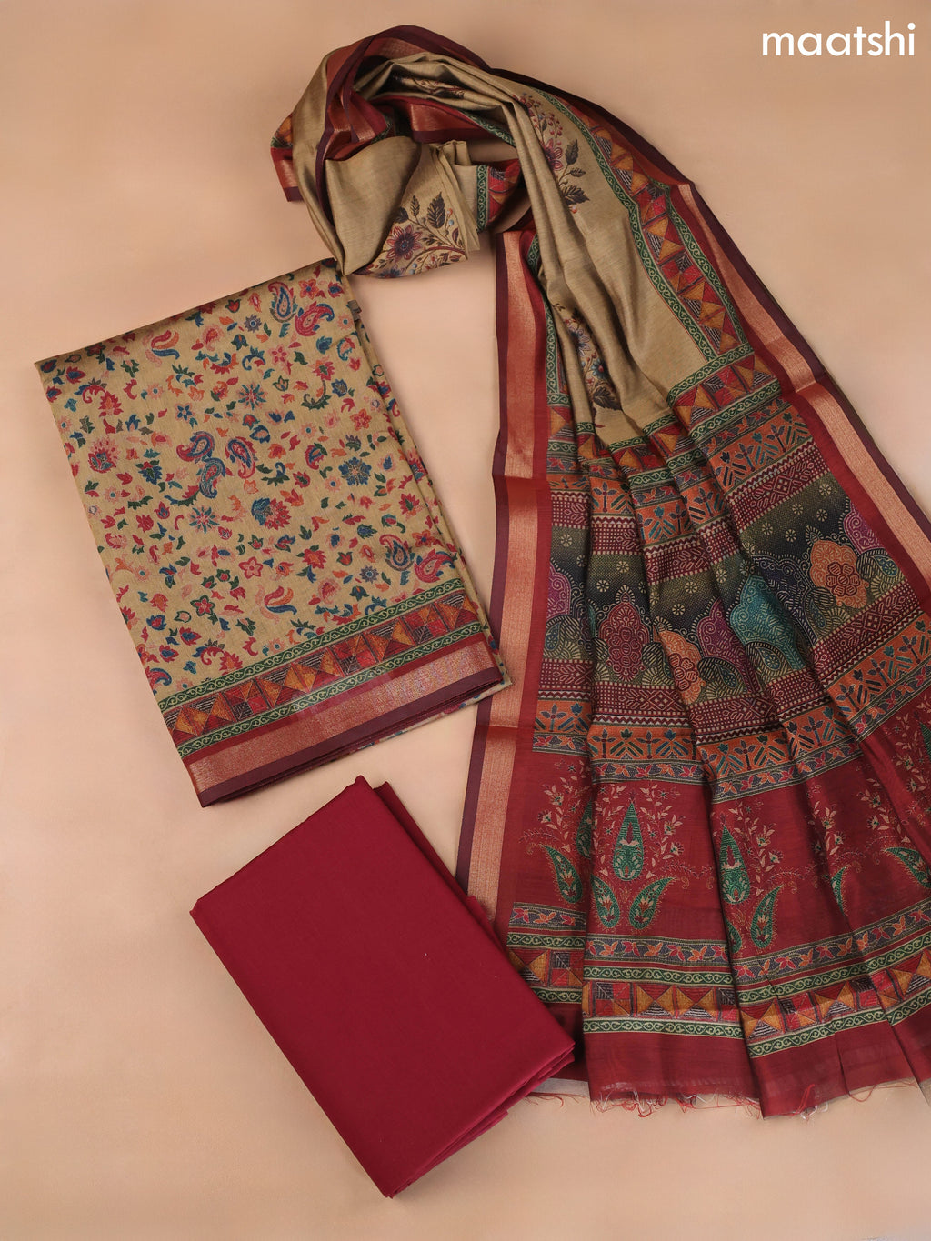 Sandal Art Silk Dress Material With Allover Floral Prints