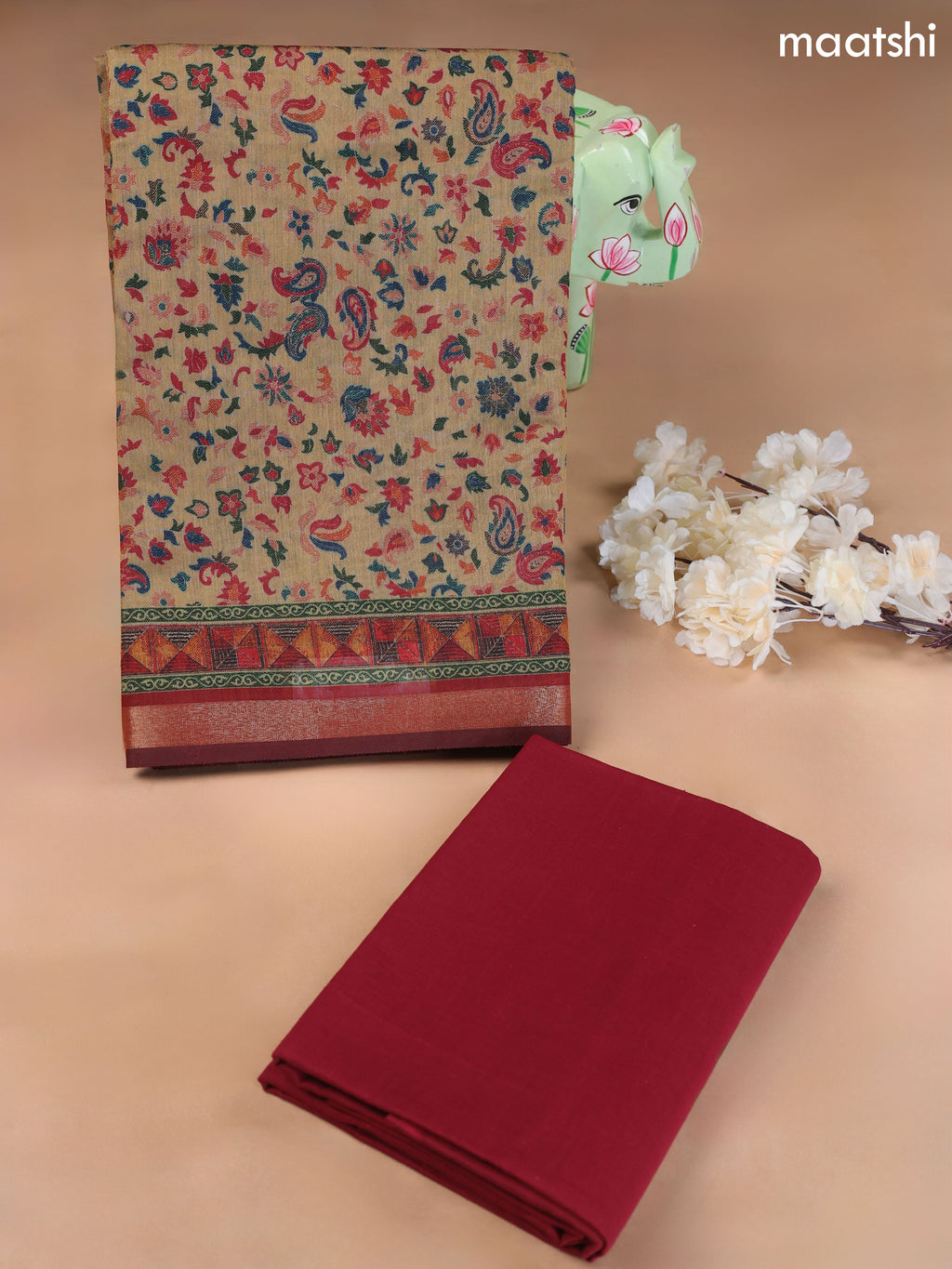 Sandal Art Silk Dress Material With Allover Floral Prints
