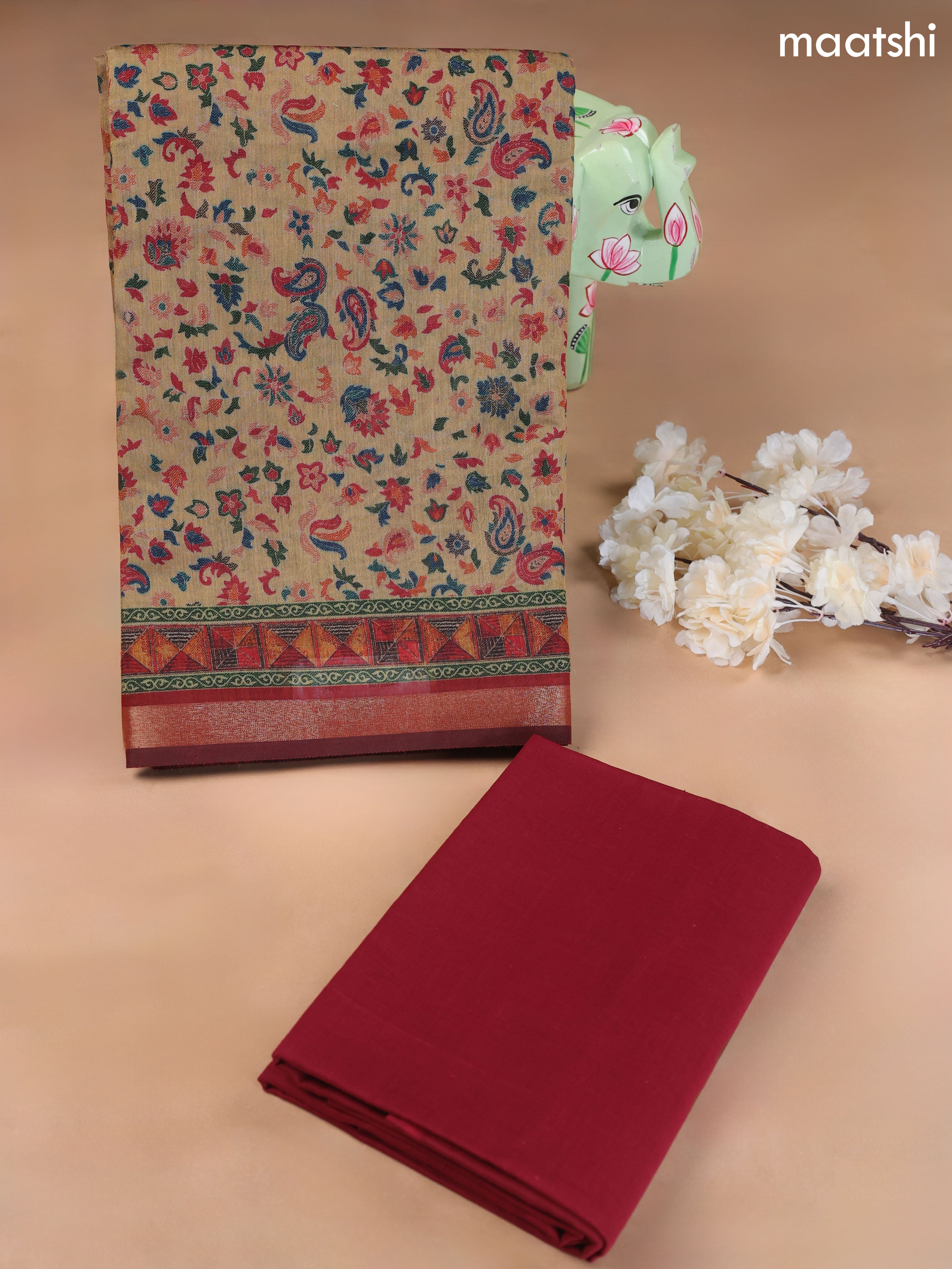 Sandal Art Silk Dress Material With Allover Floral Prints