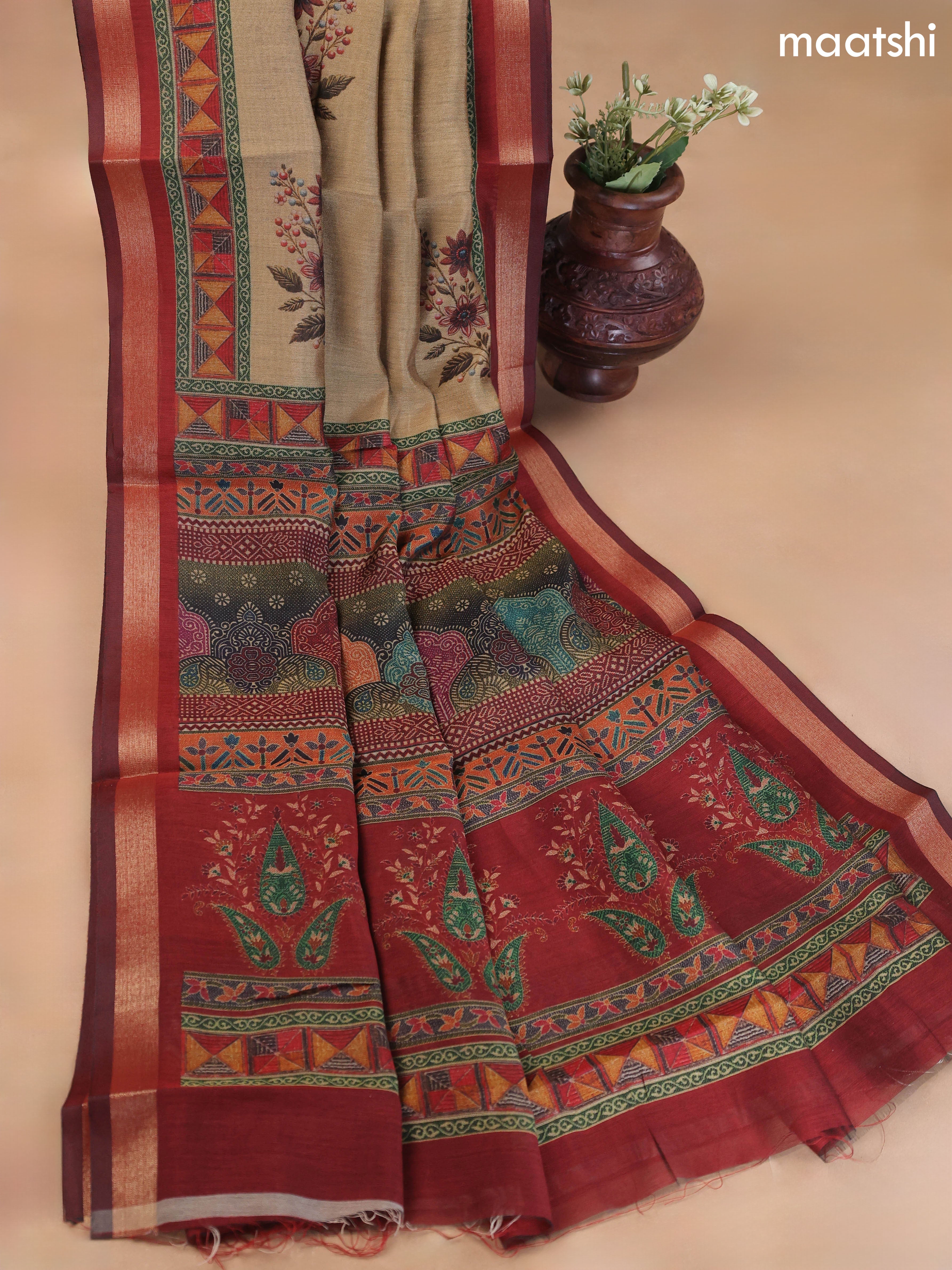 Sandal Art Silk Dress Material With Allover Floral Prints
