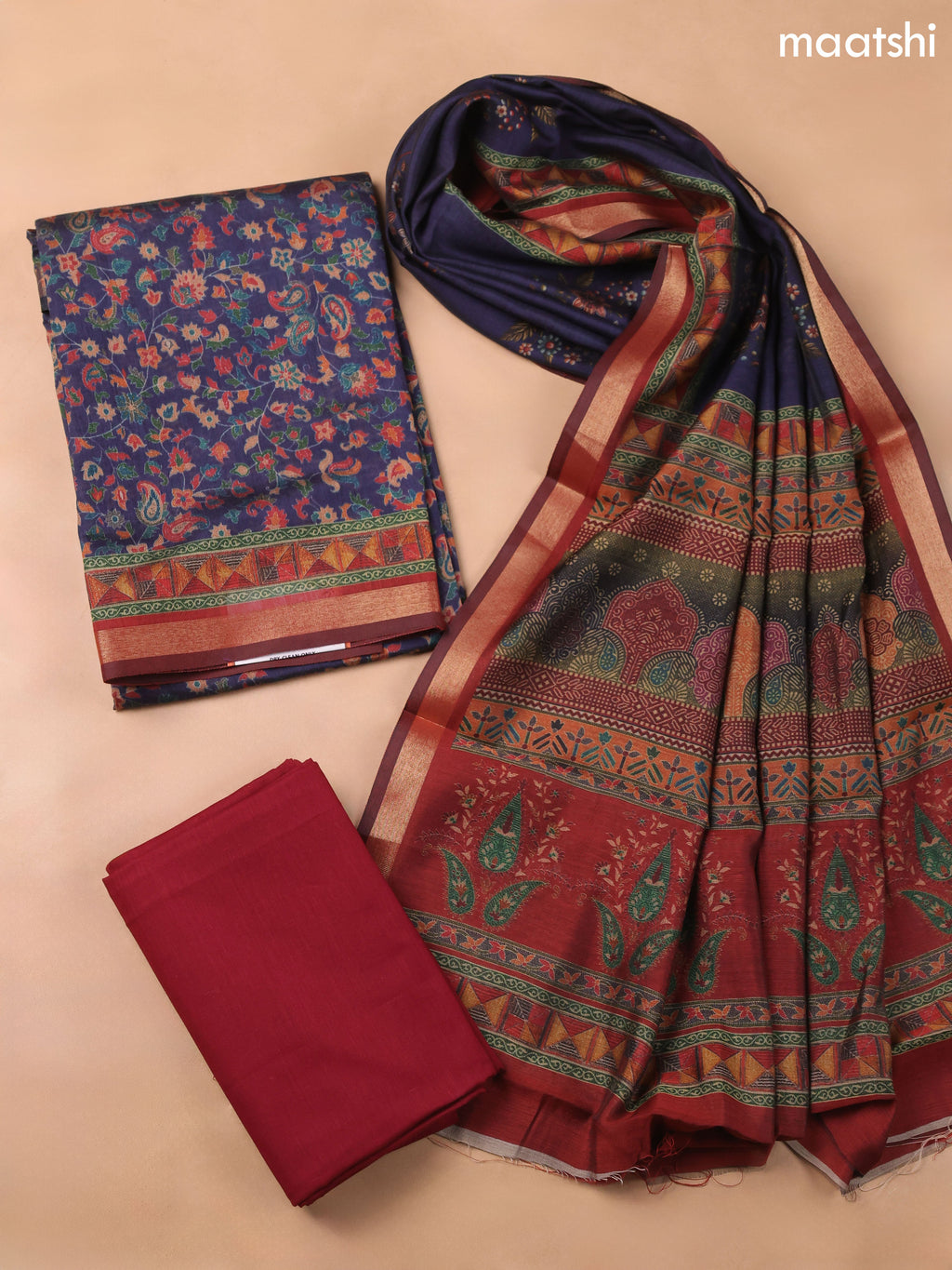 Navy Blue Art Silk Dress Material With Allover Floral Prints