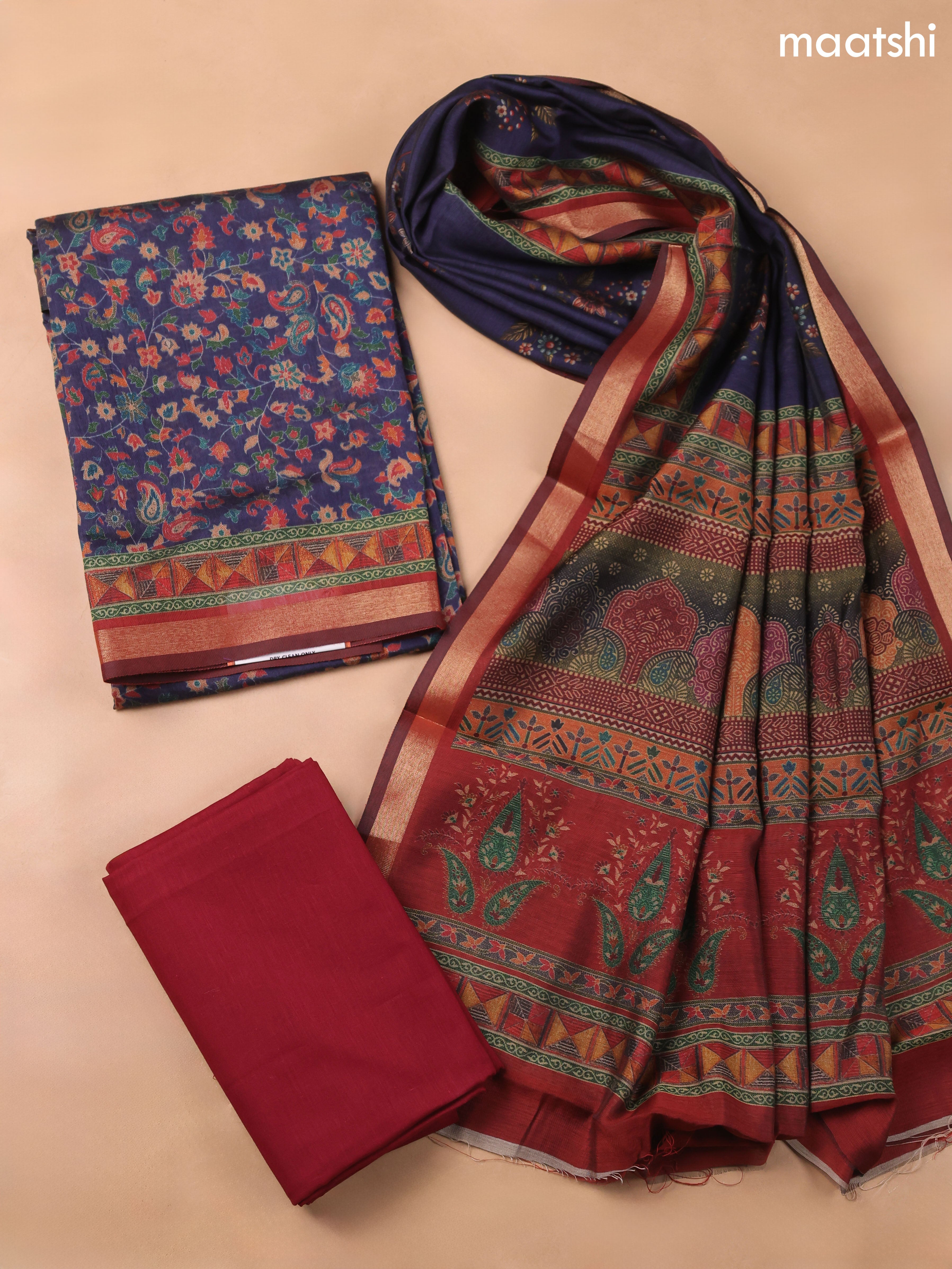 Navy Blue Art Silk Dress Material With Allover Floral Prints