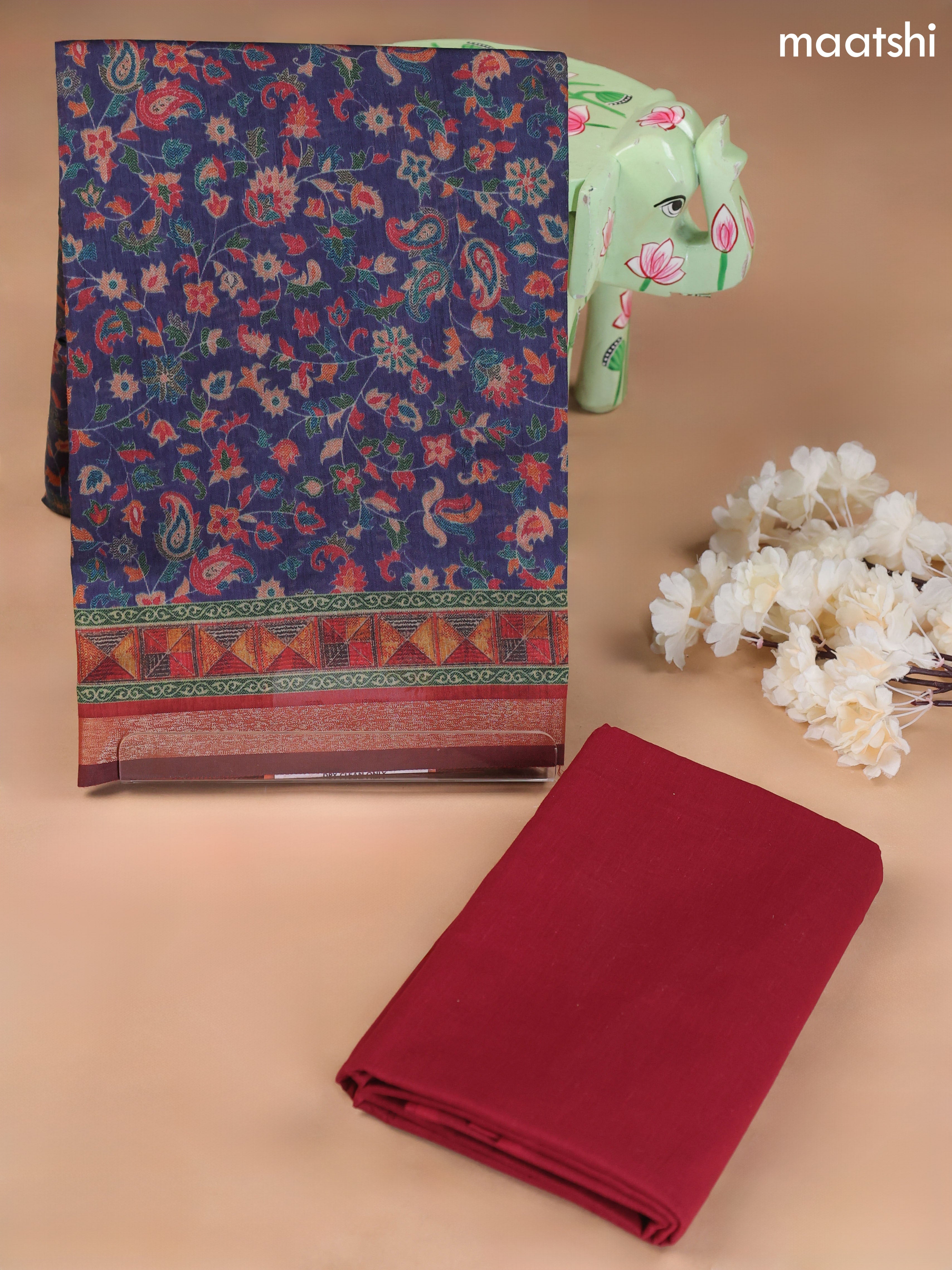 Navy Blue Art Silk Dress Material With Allover Floral Prints