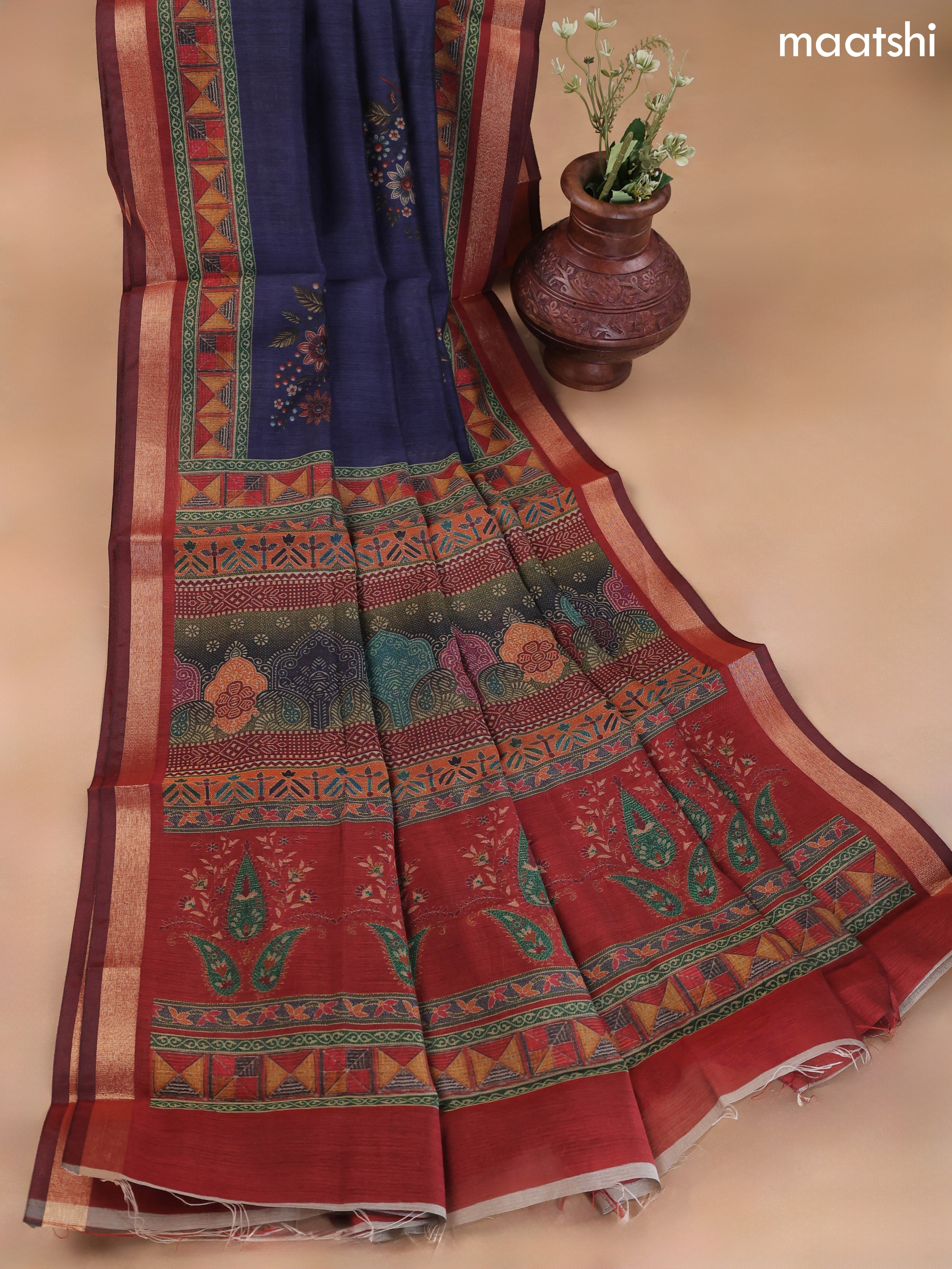Navy Blue Art Silk Dress Material With Allover Floral Prints