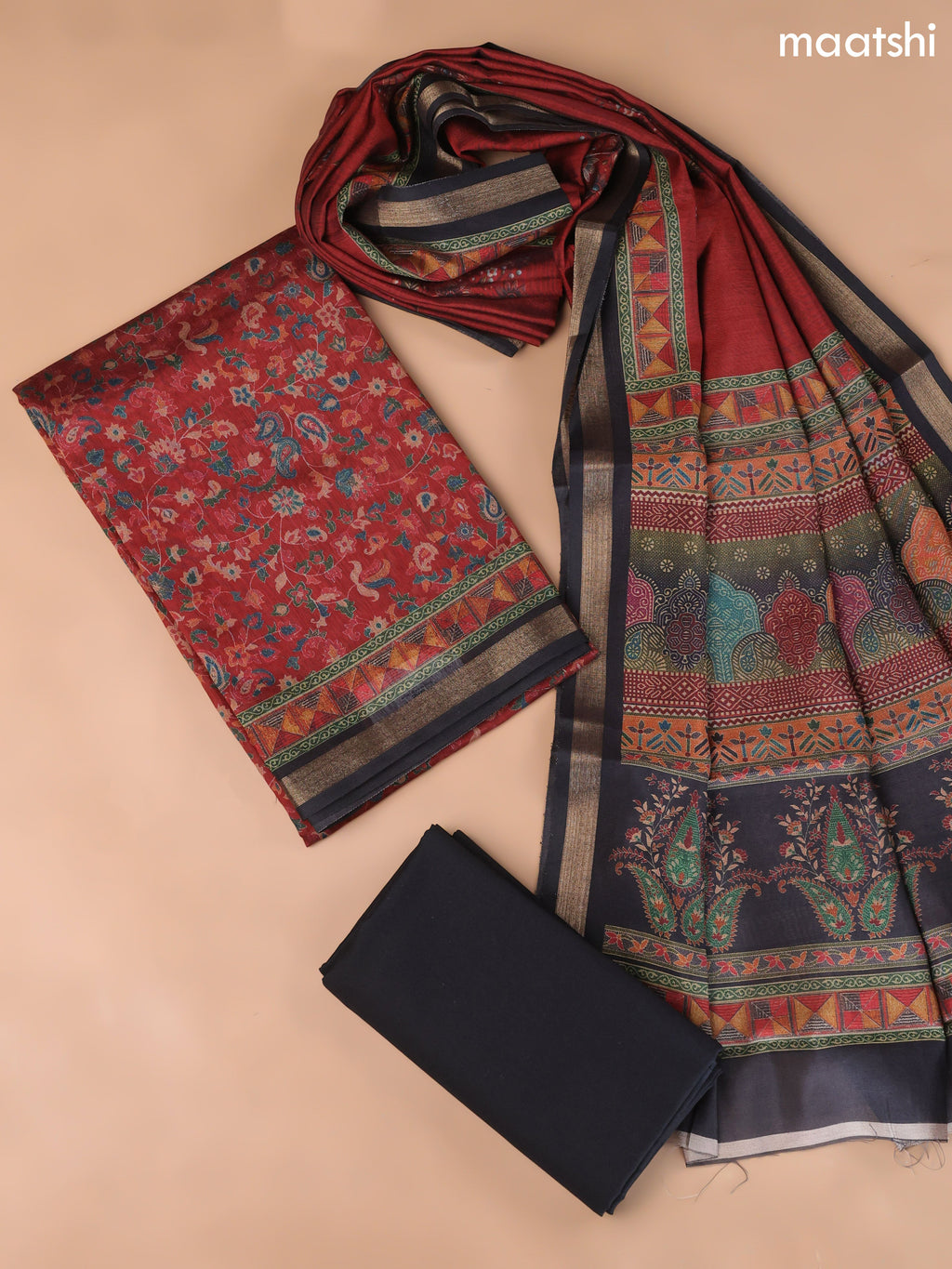 Dark Rust Art Silk Dress Material With Allover Floral Prints