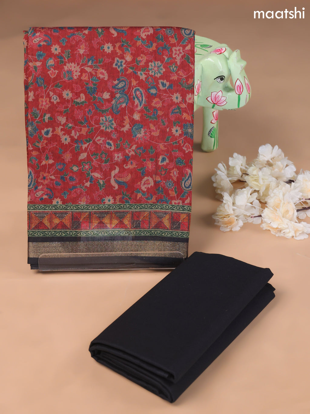 Dark Rust Art Silk Dress Material With Allover Floral Prints