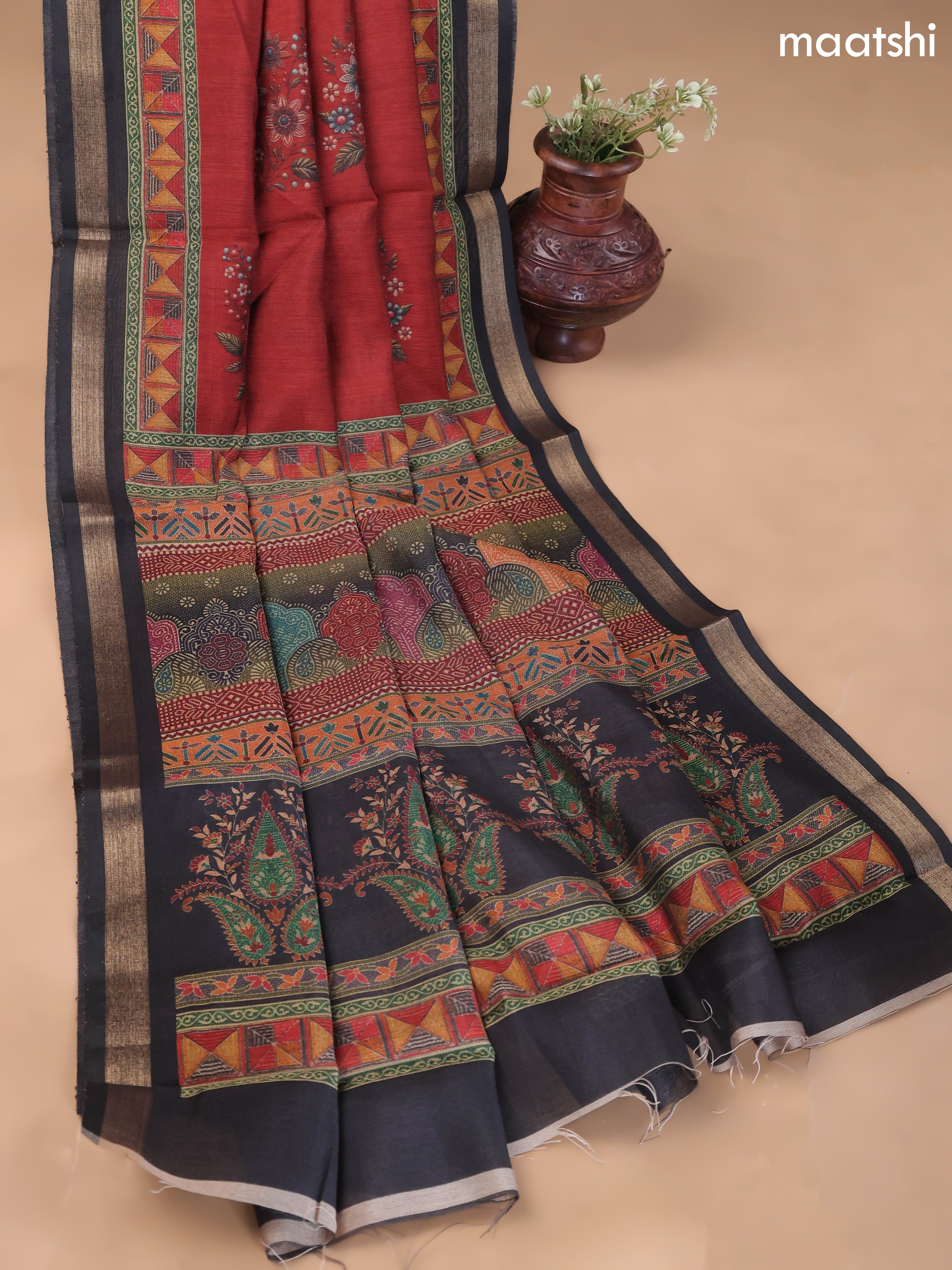 Dark Rust Art Silk Dress Material With Allover Floral Prints