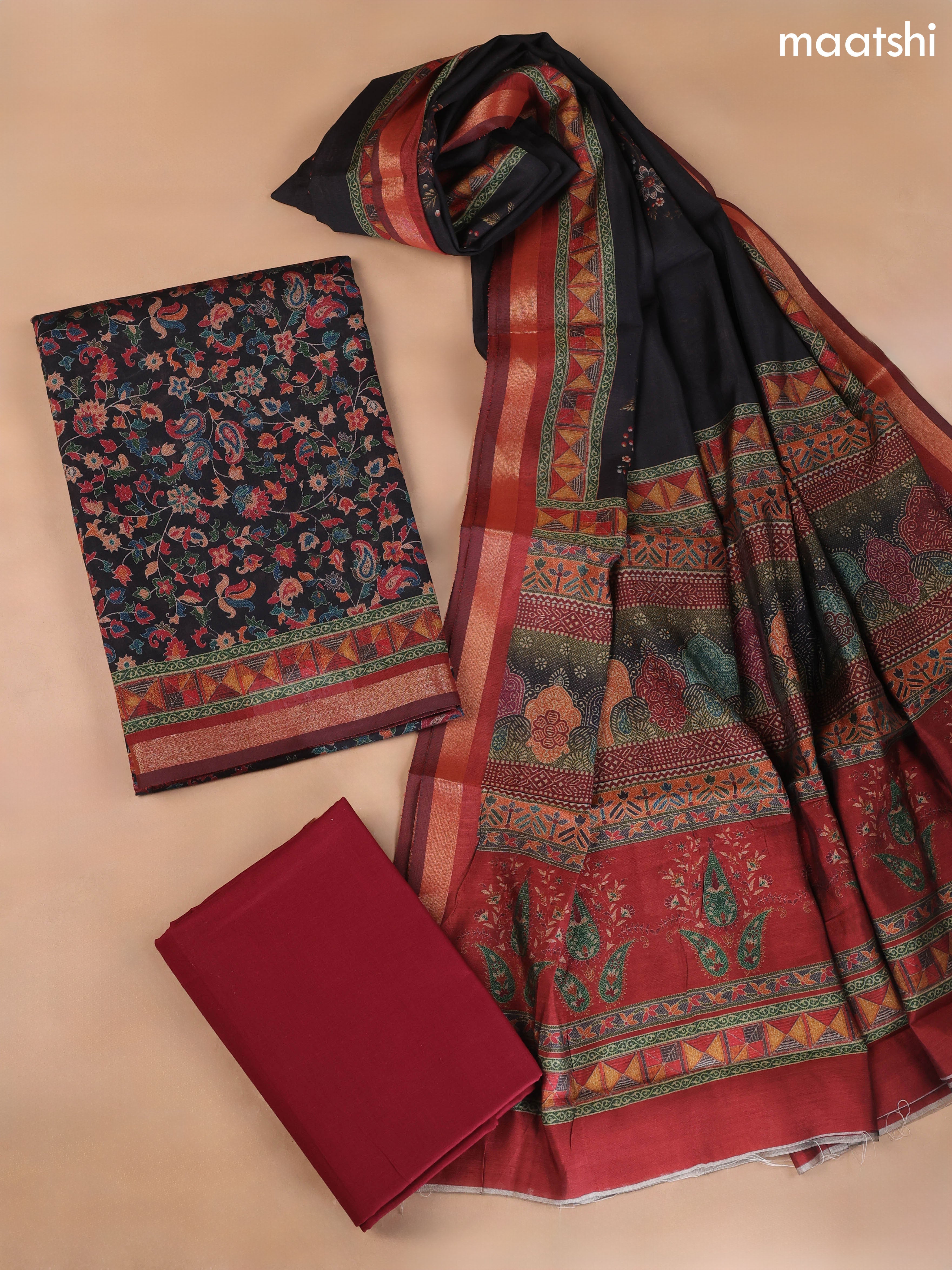 Black and Maroon Art Silk Dress Material With Allover Floral Prints