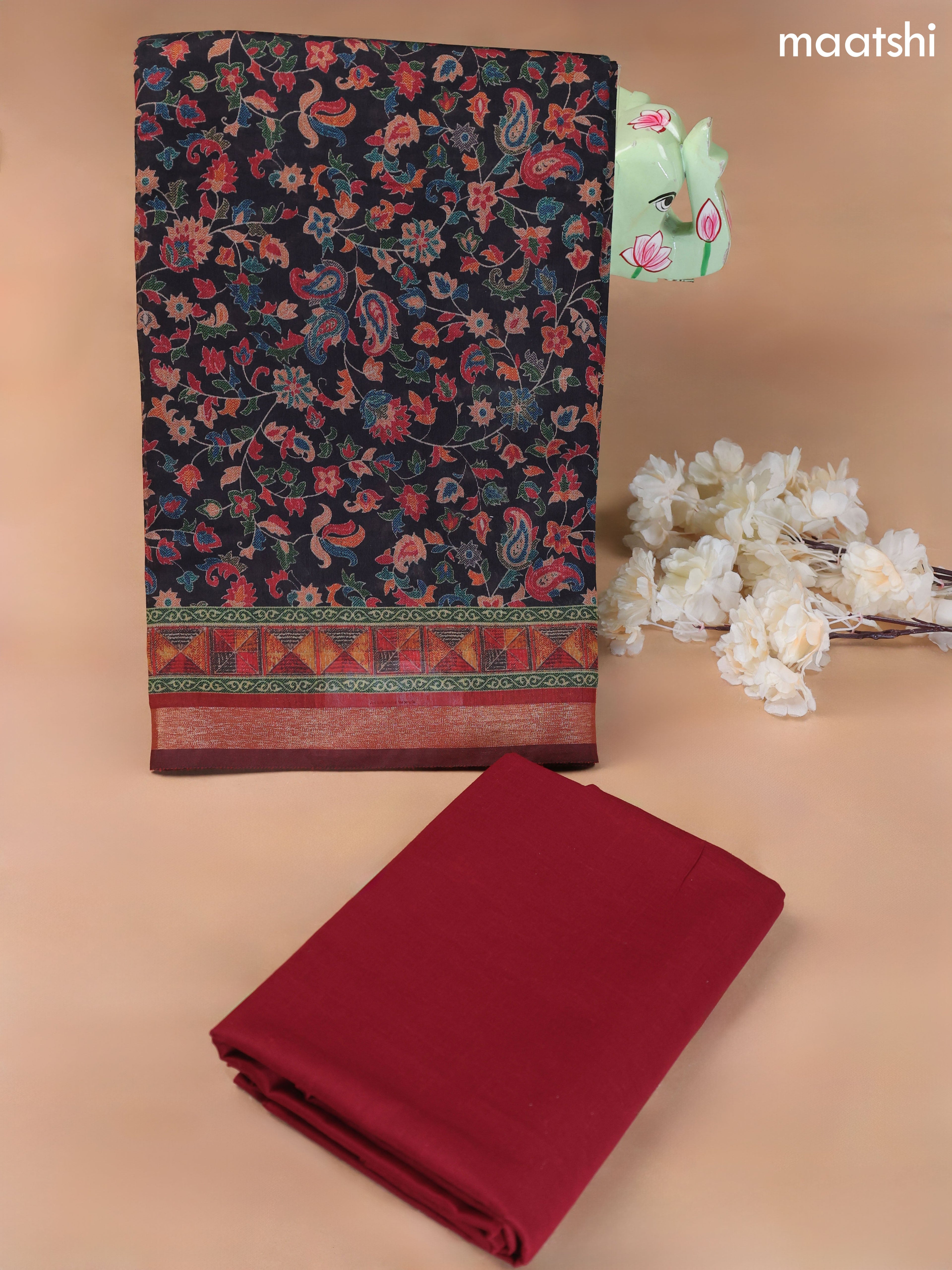 Black and Maroon Art Silk Dress Material With Allover Floral Prints