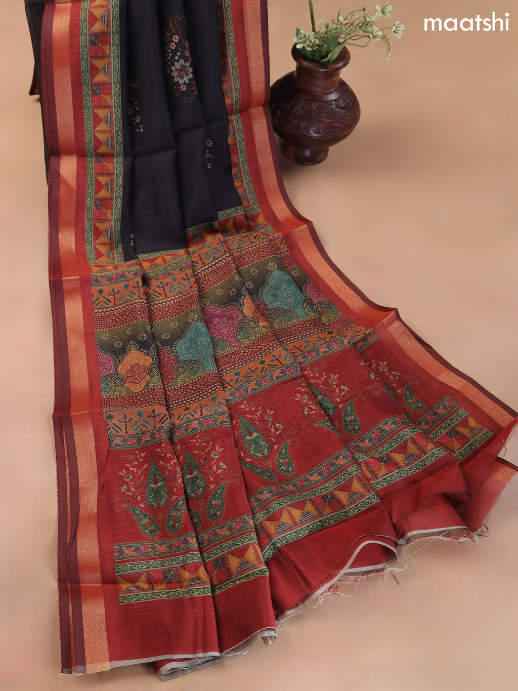 Black and Maroon Art Silk Dress Material With Allover Floral Prints
