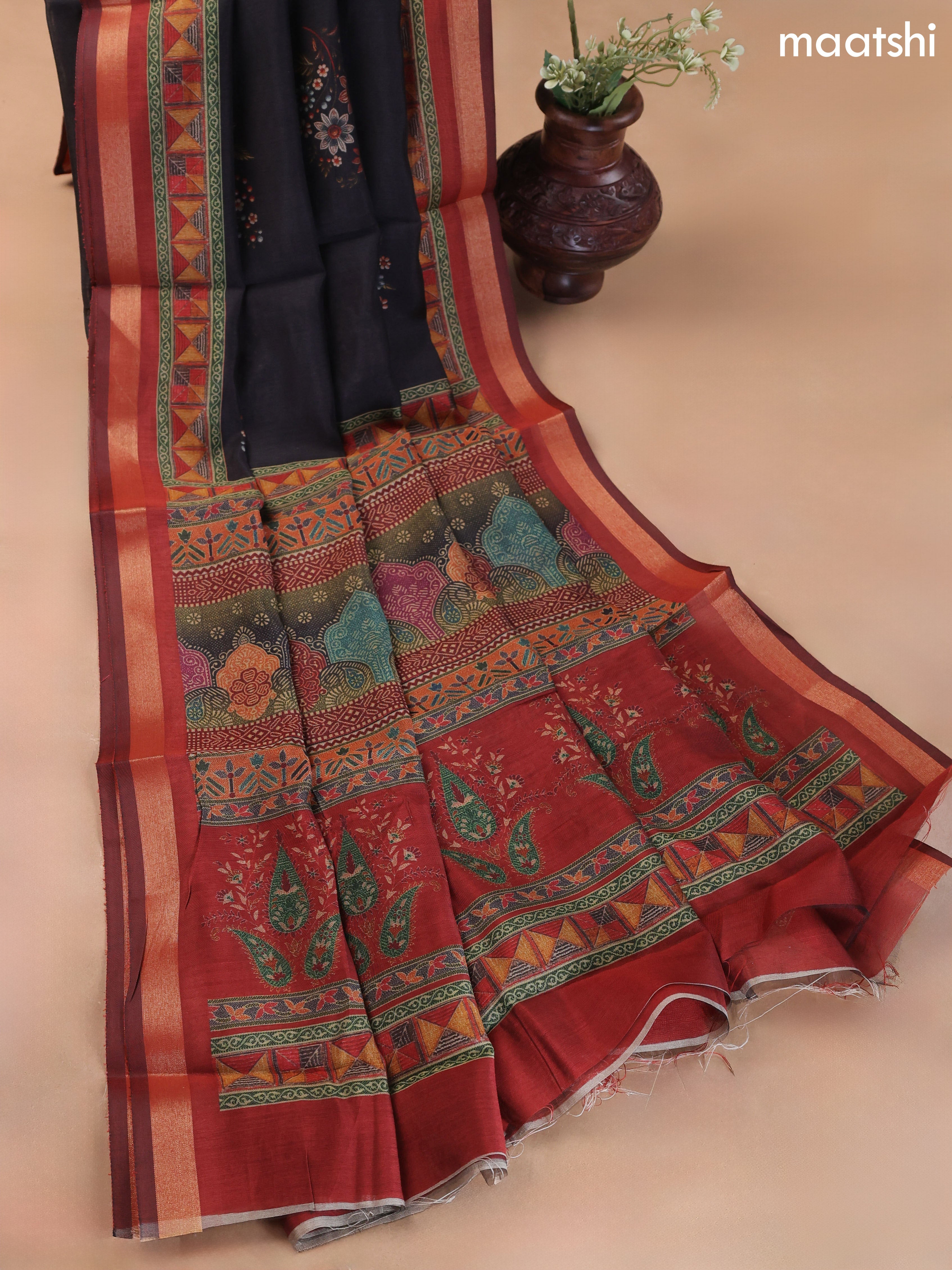 Black and Maroon Art Silk Dress Material With Allover Floral Prints