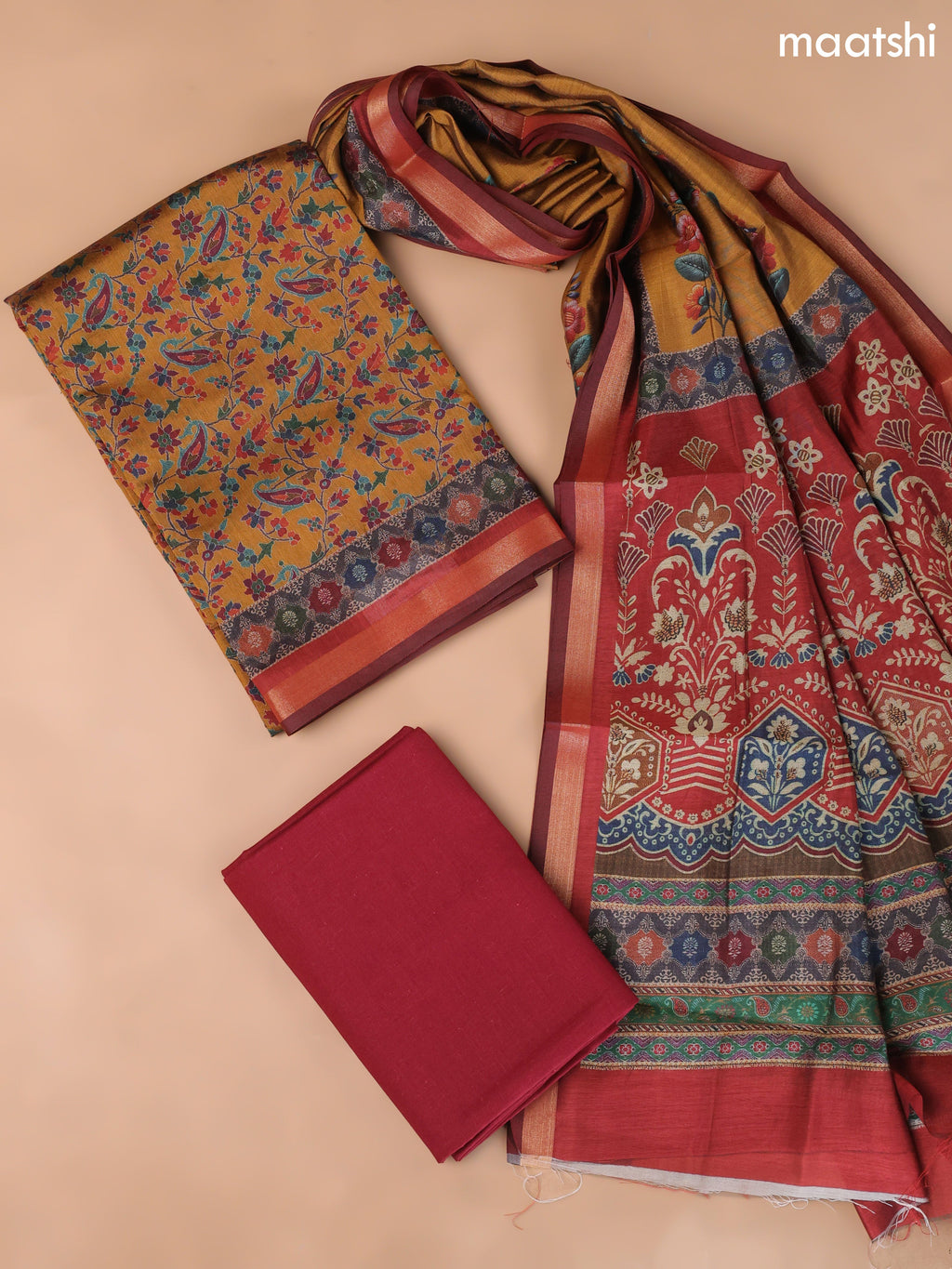 Mustard Yellow Art Silk Dress Material With Allover Floral Prints