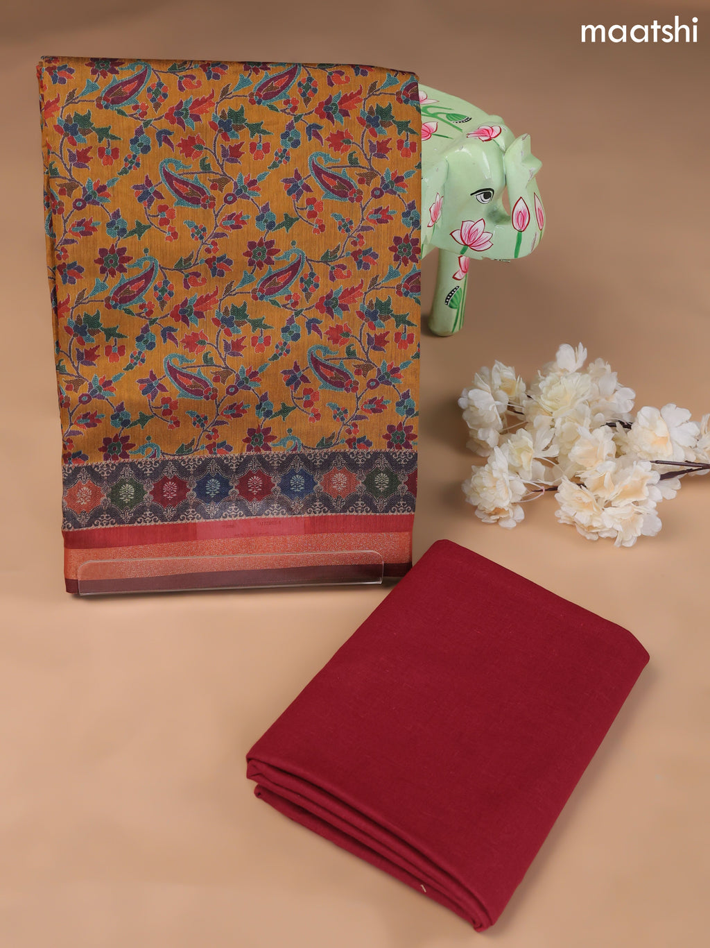 Mustard Yellow Art Silk Dress Material With Allover Floral Prints