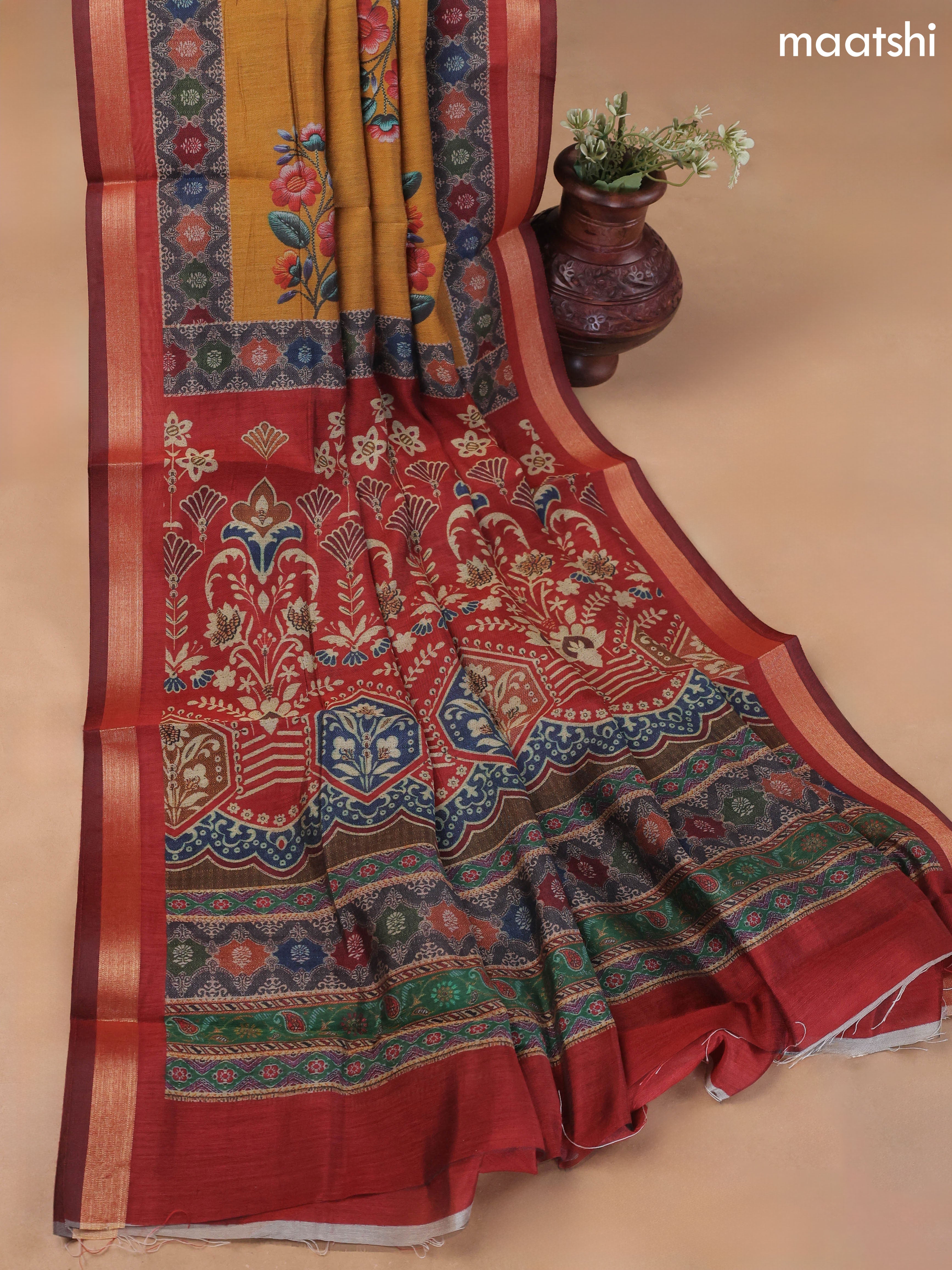 Mustard Yellow Art Silk Dress Material With Allover Floral Prints
