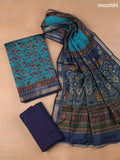 Teal Blue and Navy Blue Art Silk Dress Material With Allover Floral Prints