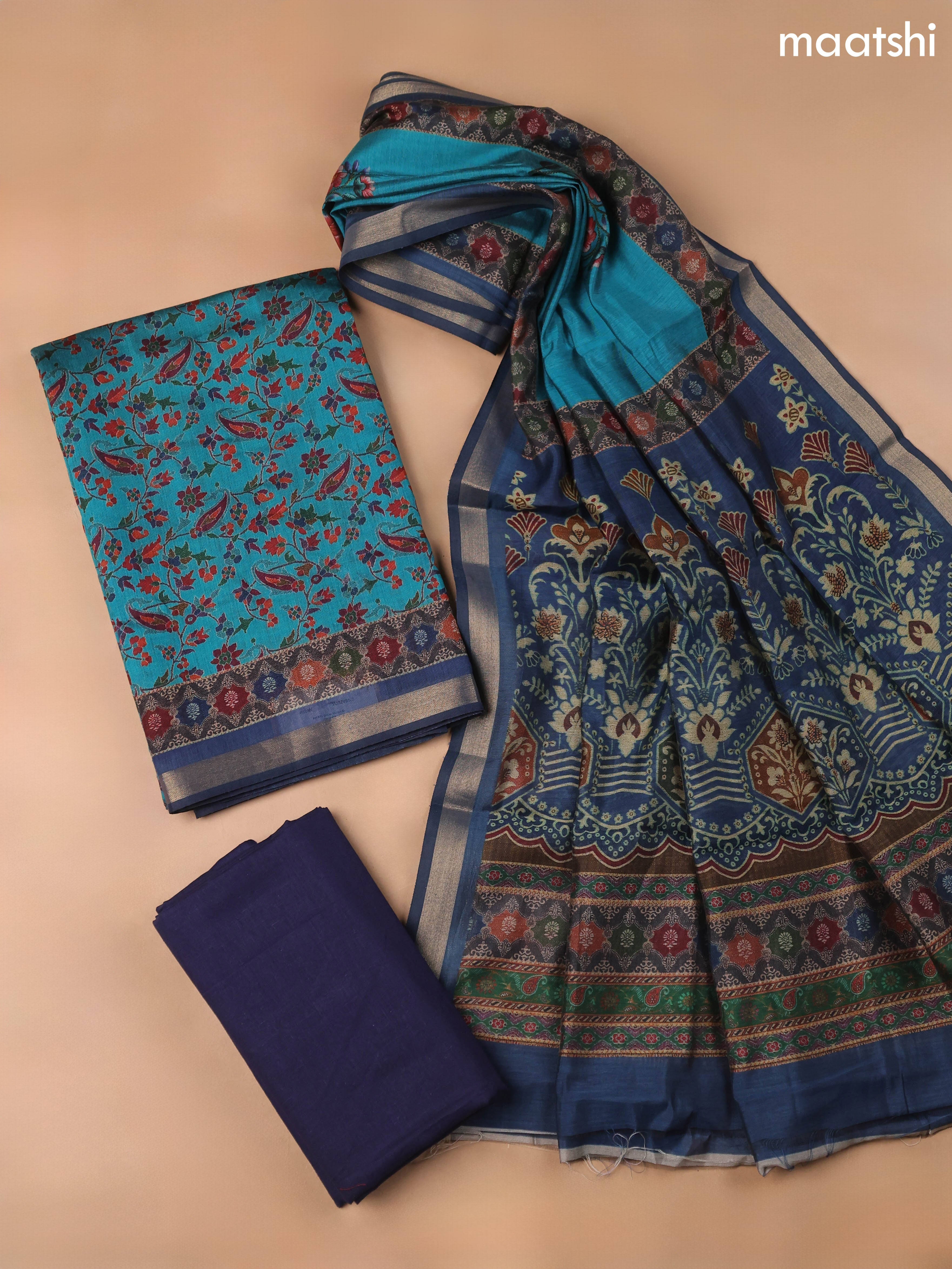Teal Blue and Navy Blue Art Silk Dress Material With Allover Floral Prints