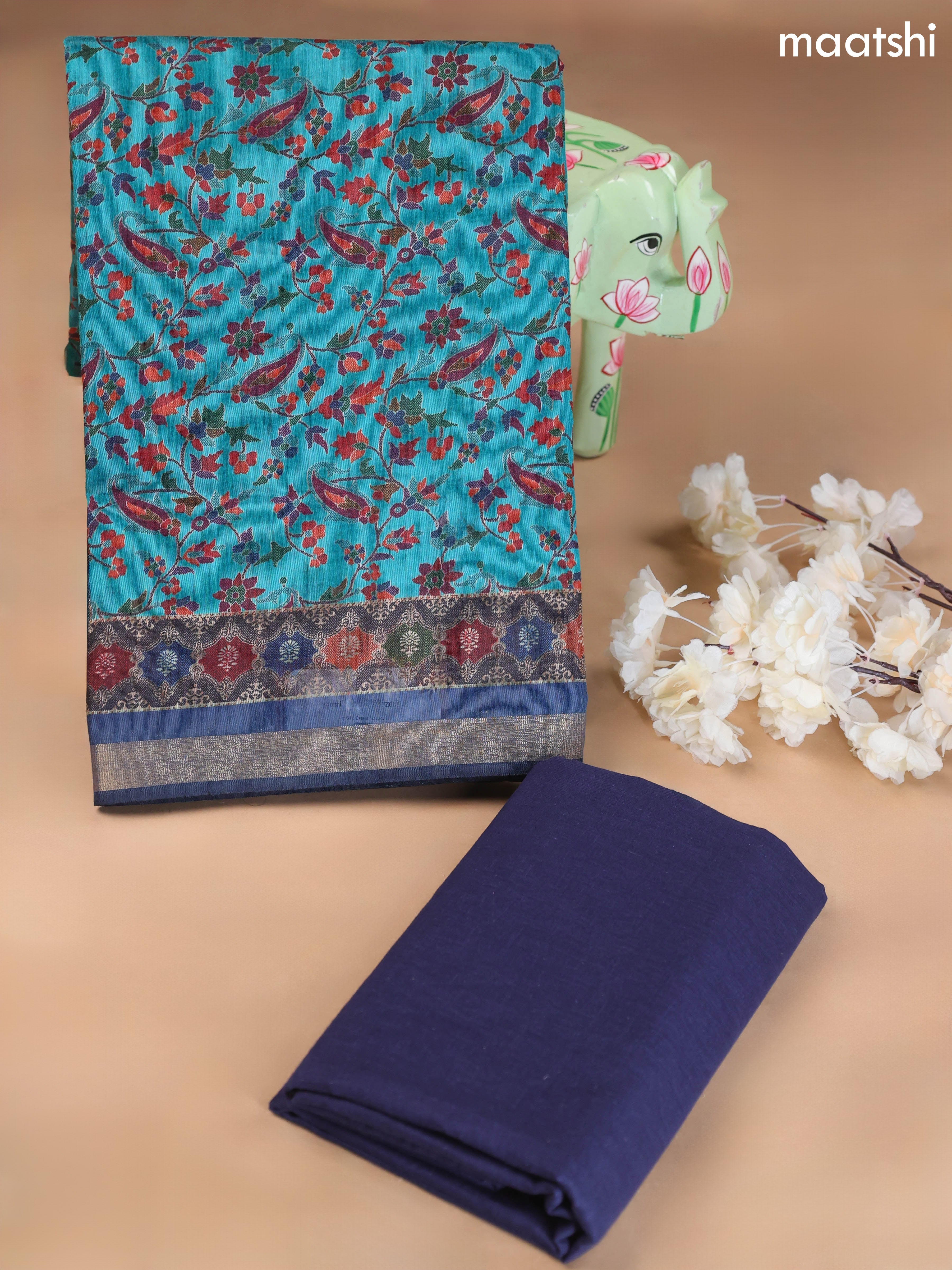Teal Blue and Navy Blue Art Silk Dress Material With Allover Floral Prints
