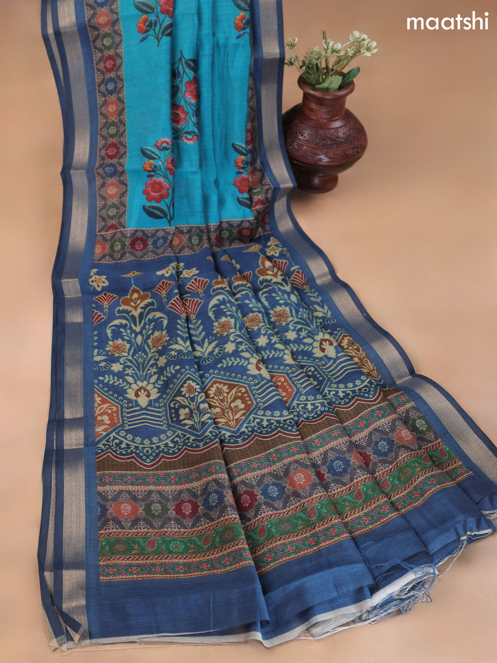 Teal Blue and Navy Blue Art Silk Dress Material With Allover Floral Prints