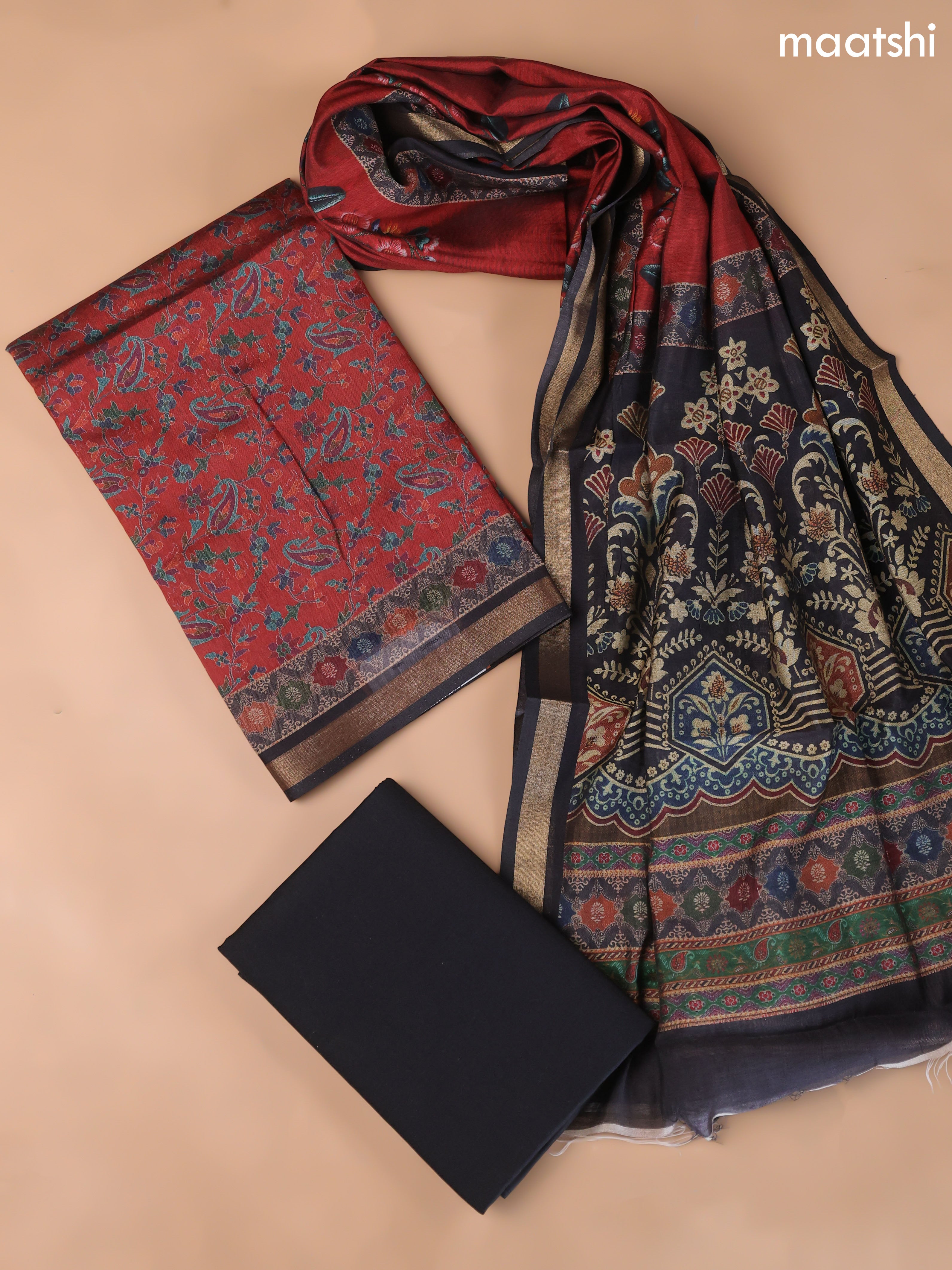 Maroon and Black Art Silk Dress Material With Allover Floral Prints