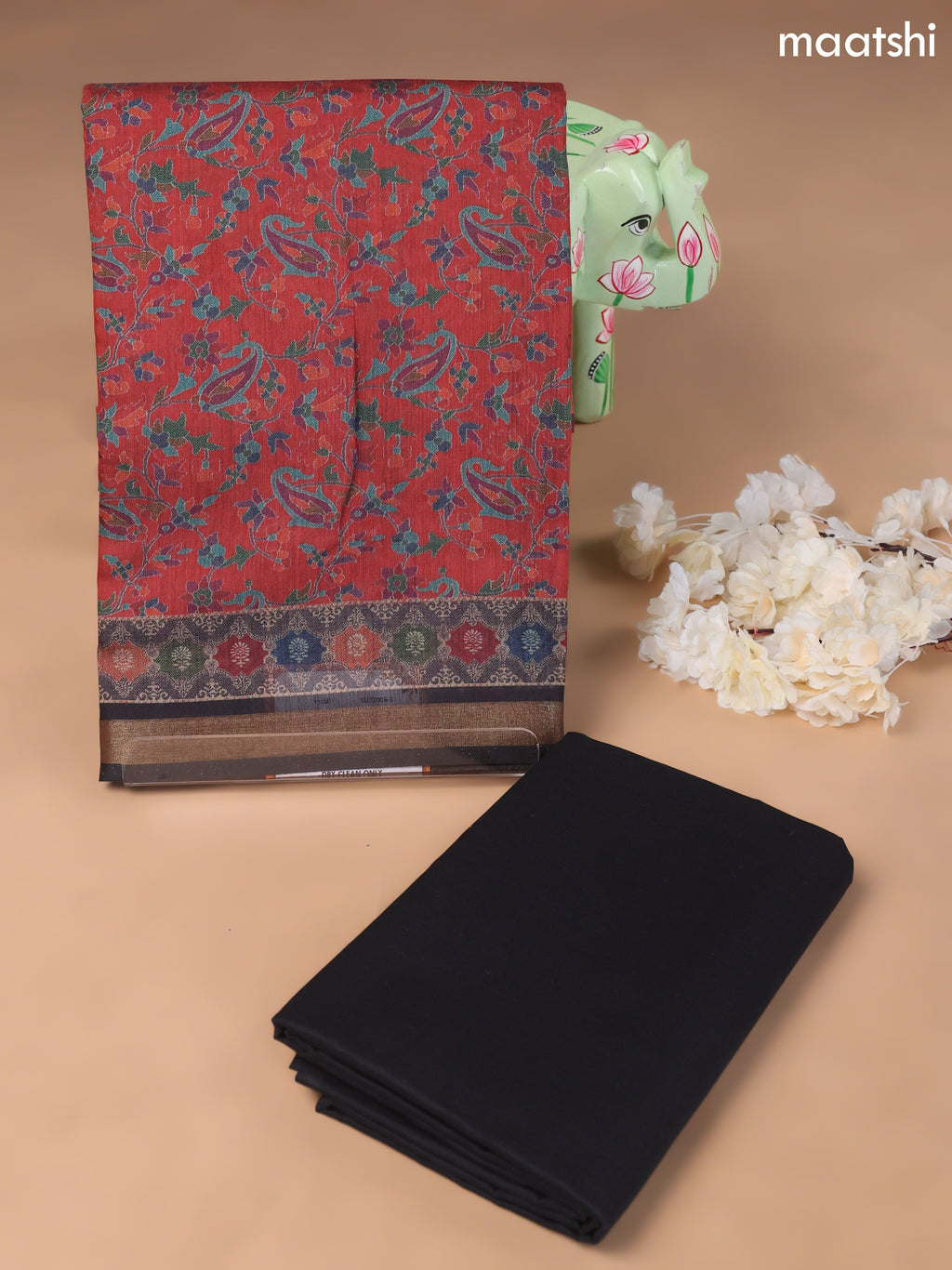 Maroon and Black Art Silk Dress Material With Allover Floral Prints