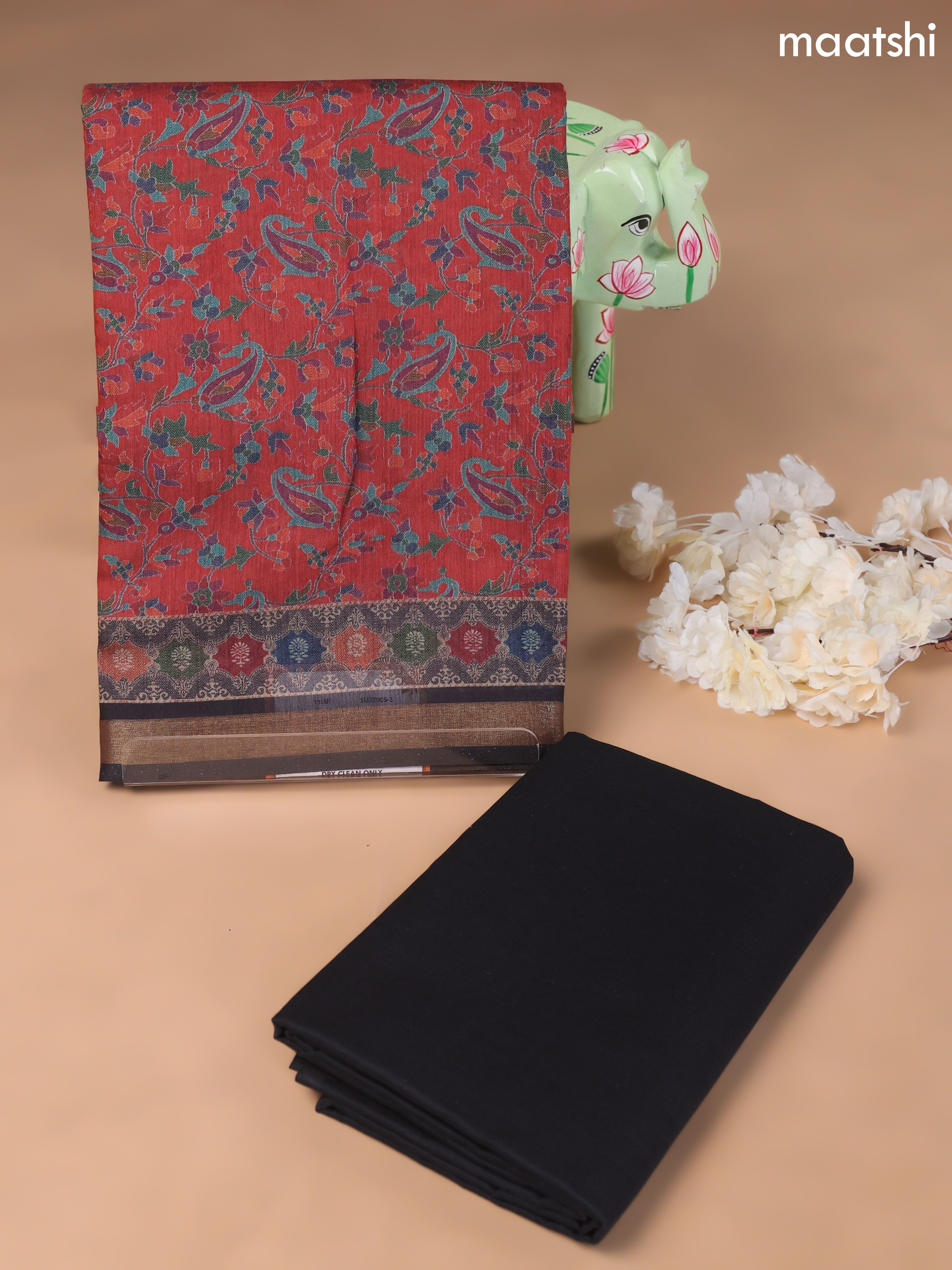 Maroon and Black Art Silk Dress Material With Allover Floral Prints