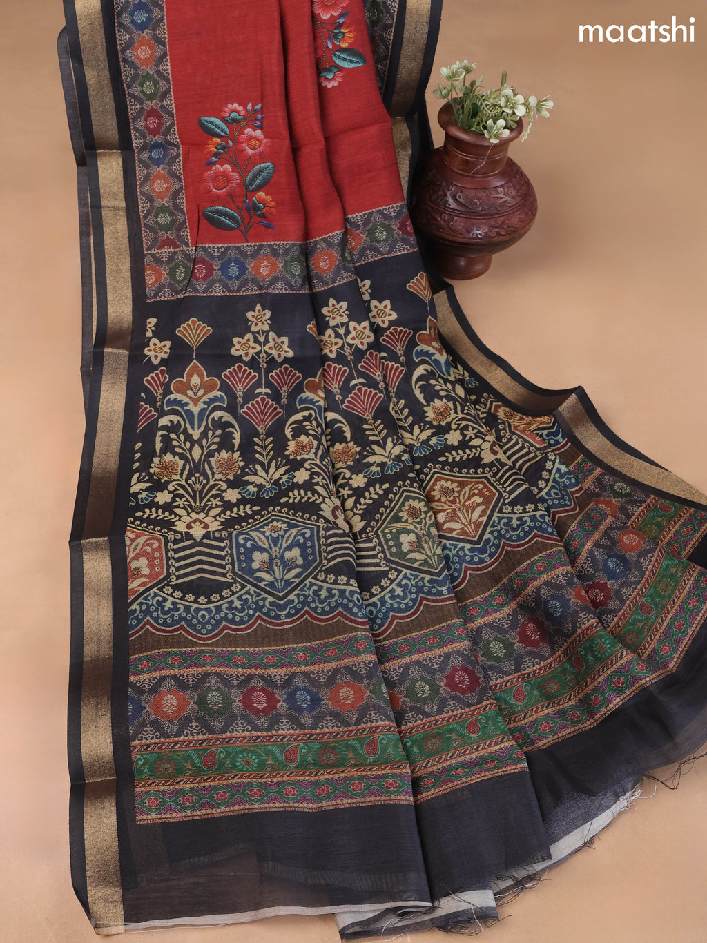 Maroon and Black Art Silk Dress Material With Allover Floral Prints