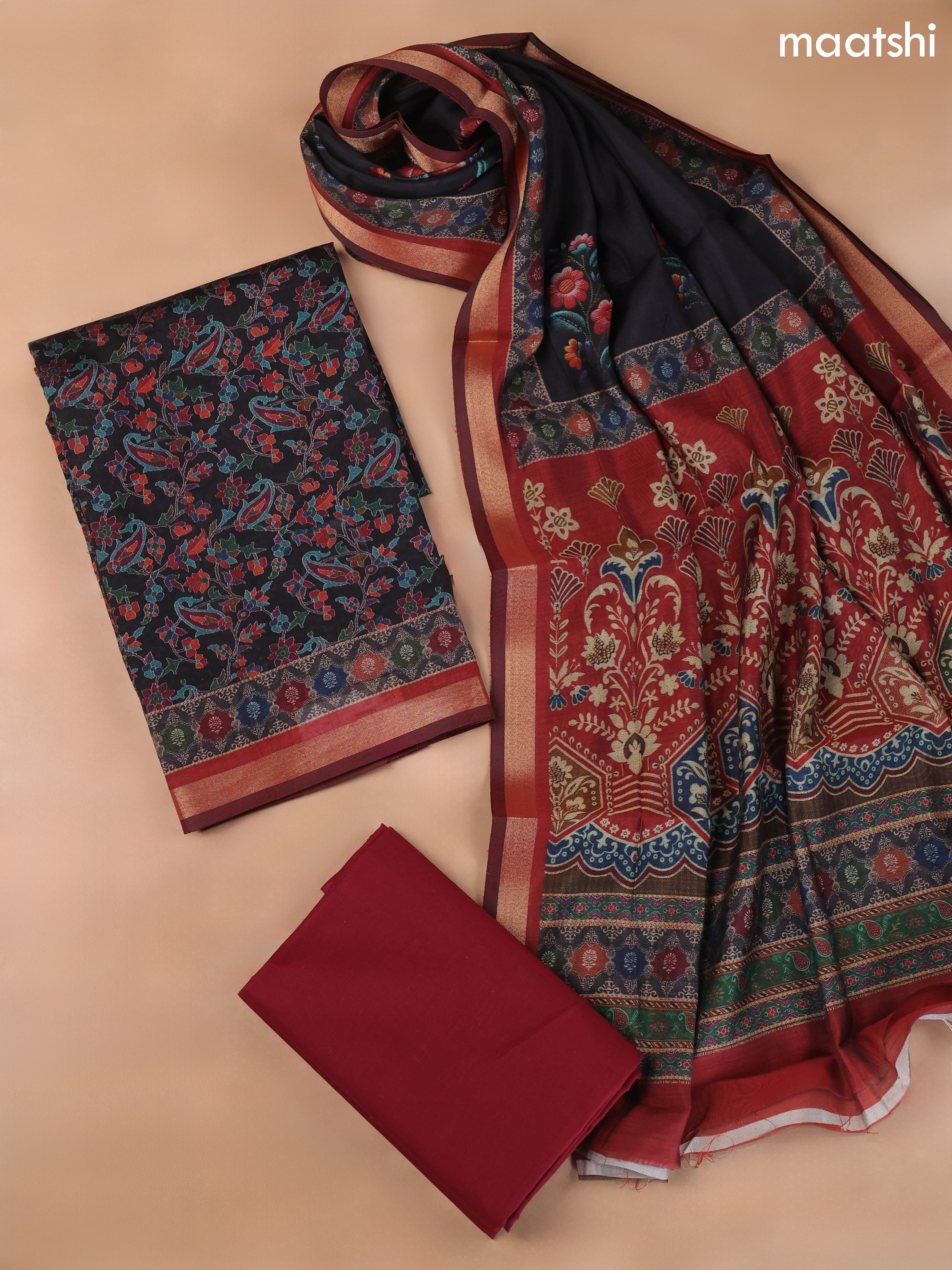 Black and Maroon Art Silk Dress Material With Allover Floral Prints