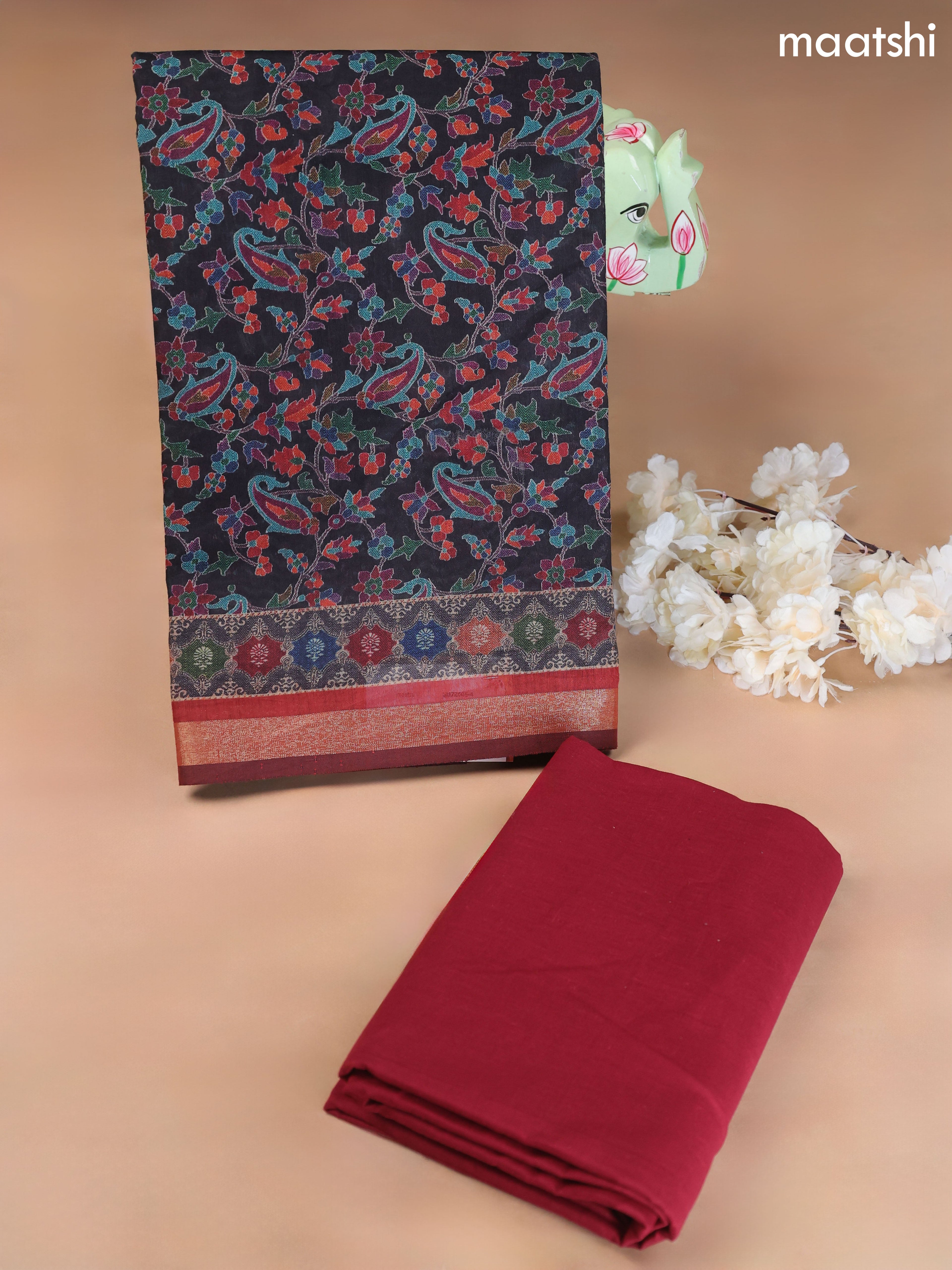 Black and Maroon Art Silk Dress Material With Allover Floral Prints