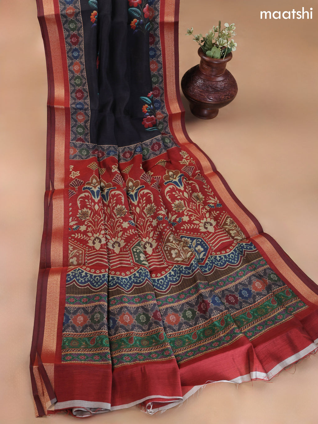 Black and Maroon Art Silk Dress Material With Allover Floral Prints