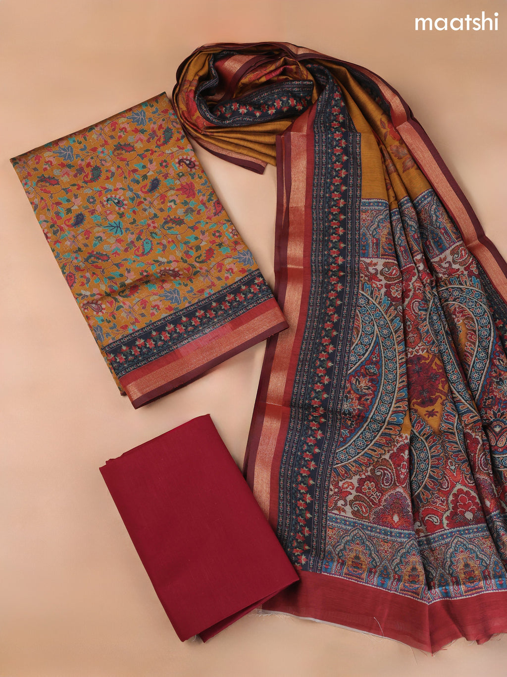 Mustard Yellow Art Silk Dress Material With Allover Floral Prints