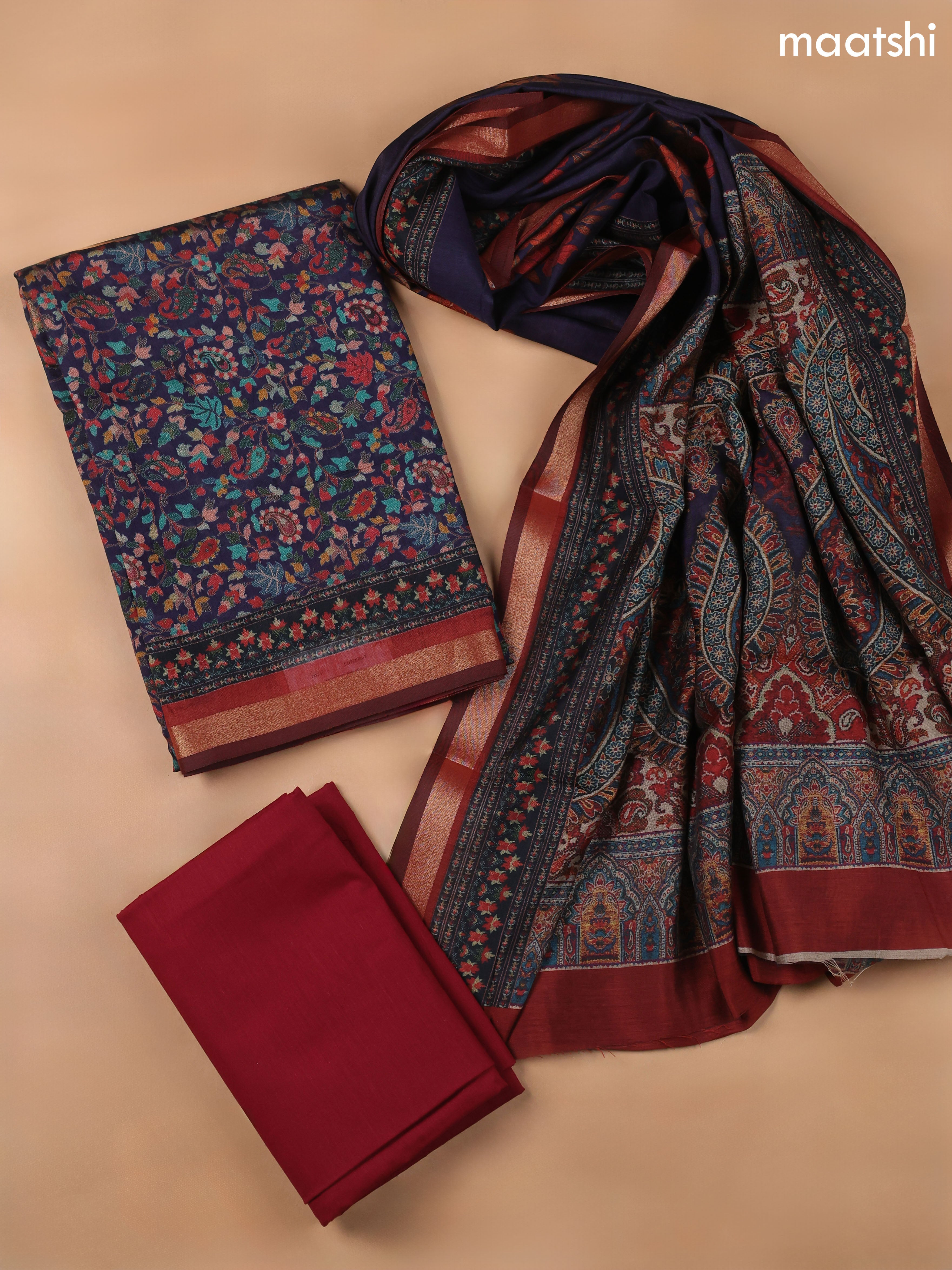Navy Blue Art Silk Dress Material With Allover Floral Prints
