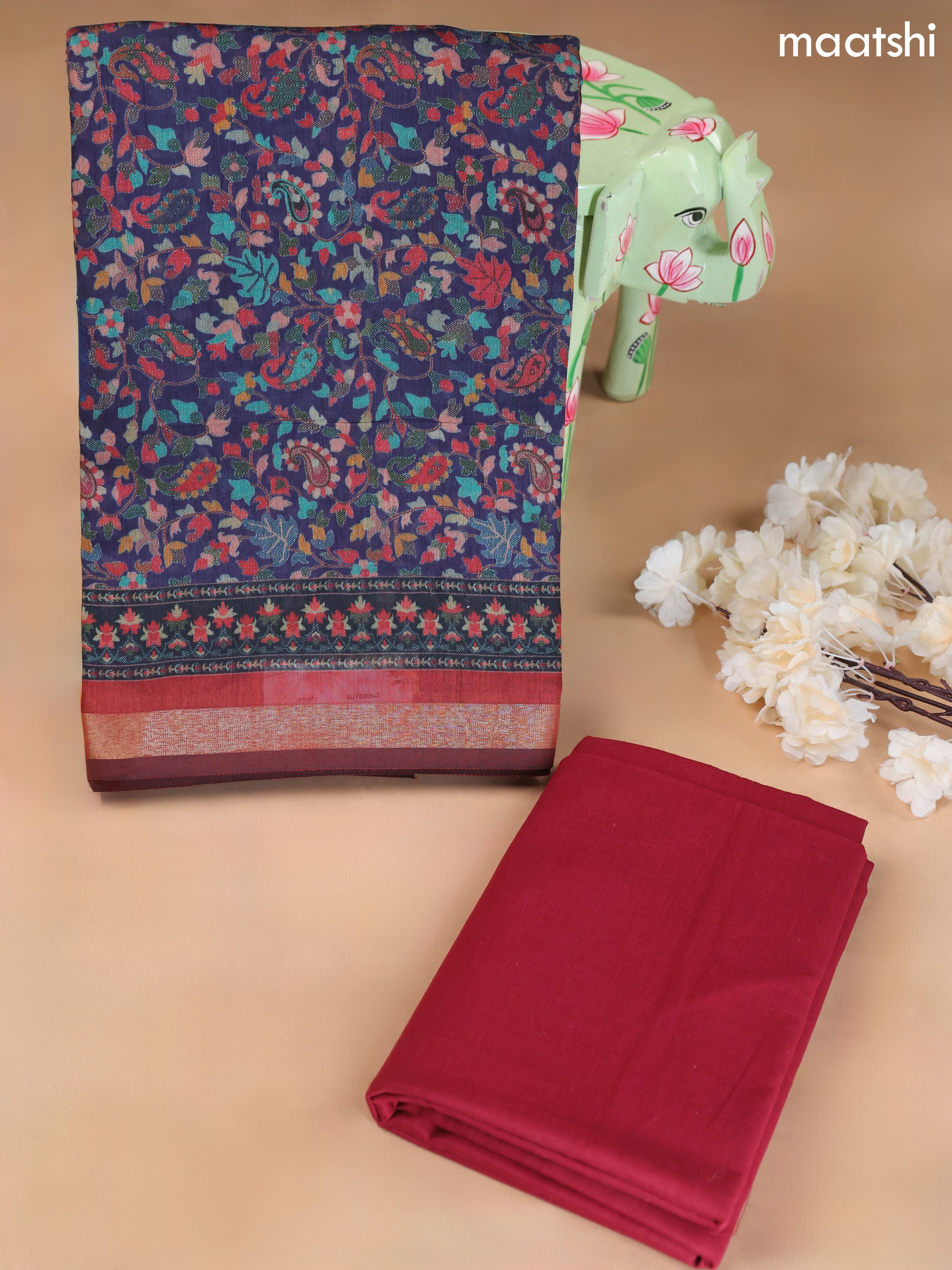 Navy Blue Art Silk Dress Material With Allover Floral Prints