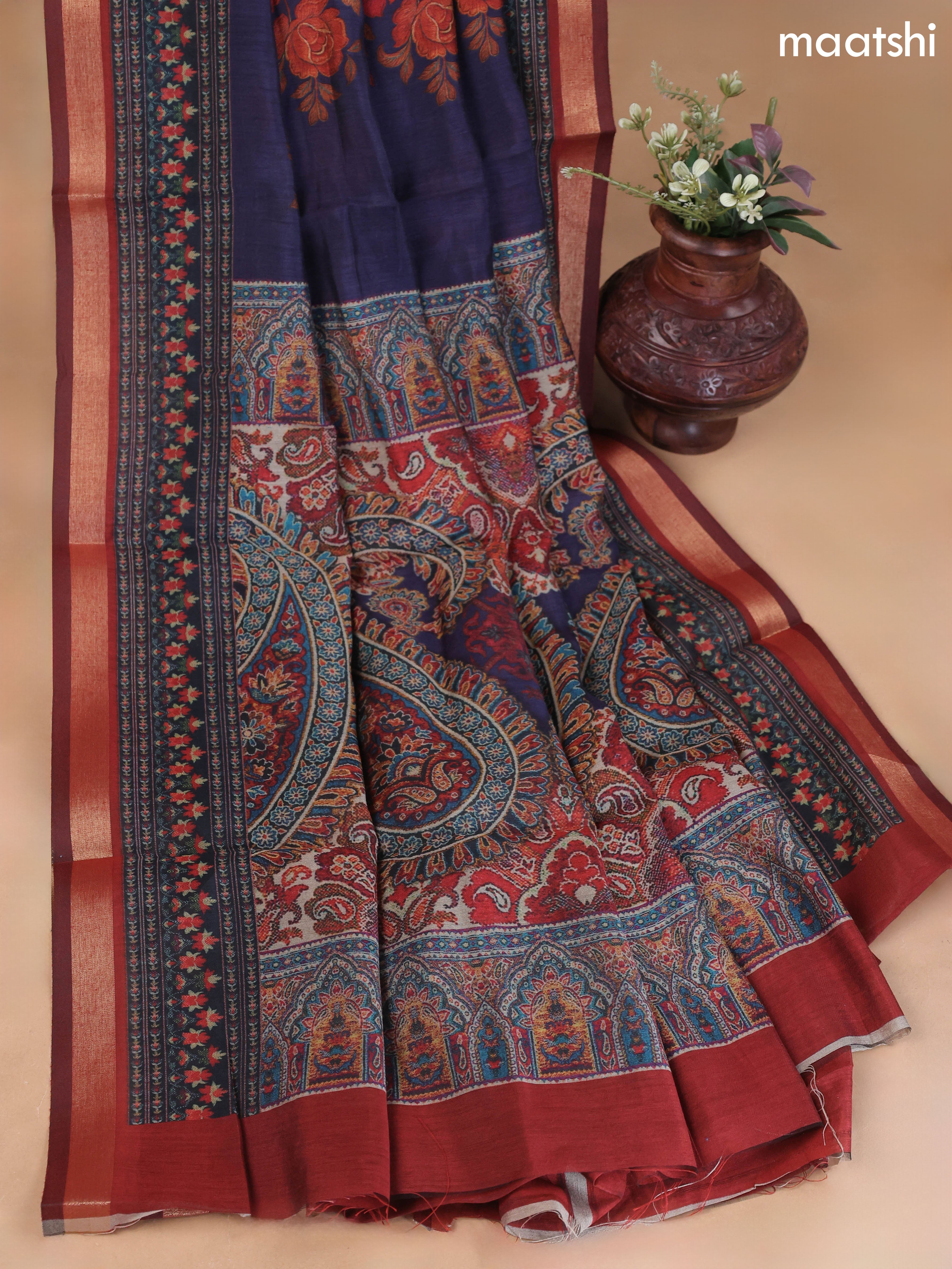 Navy Blue Art Silk Dress Material With Allover Floral Prints