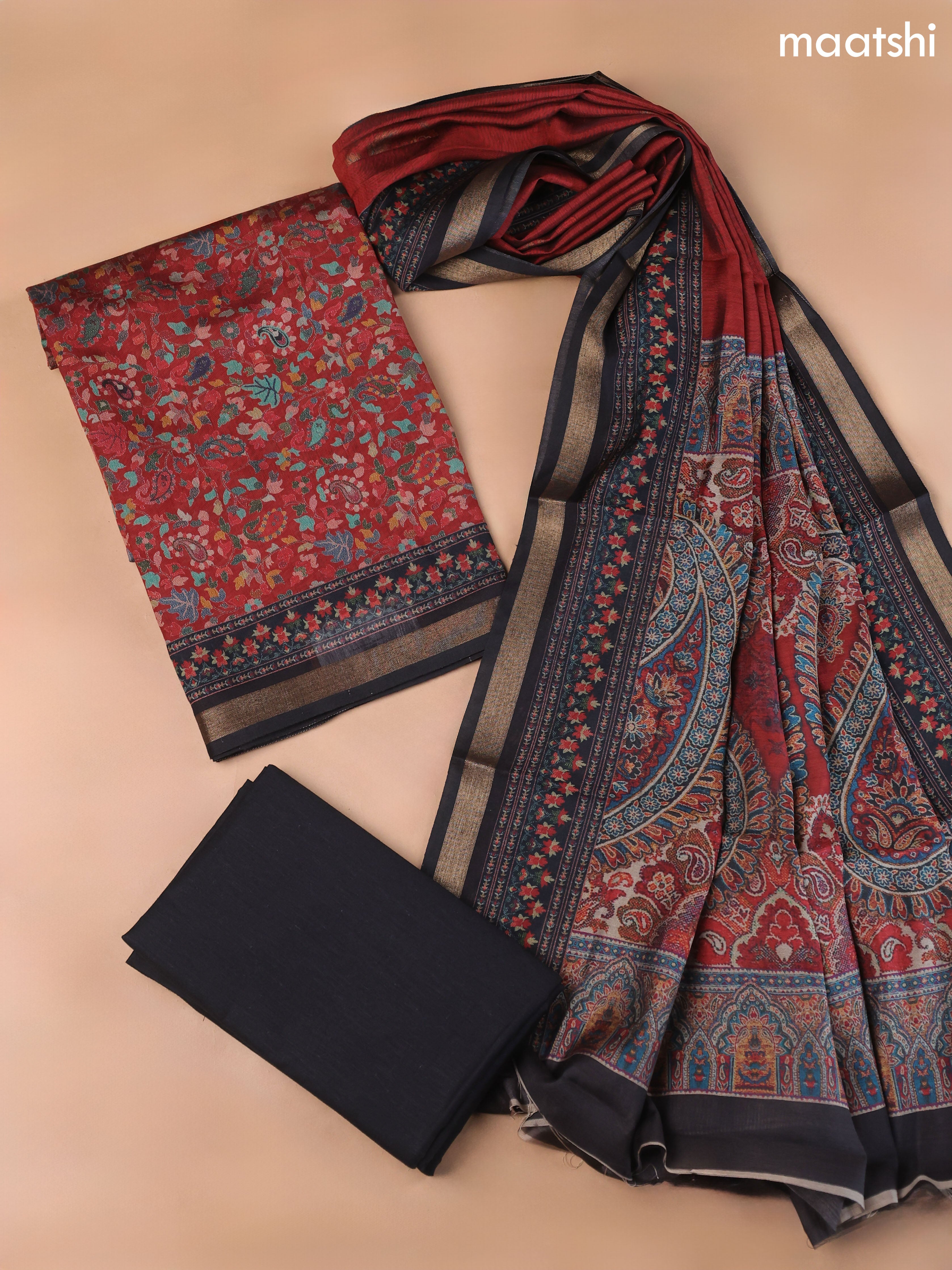 Dark Rust Art Silk Dress Material With Allover Floral Prints