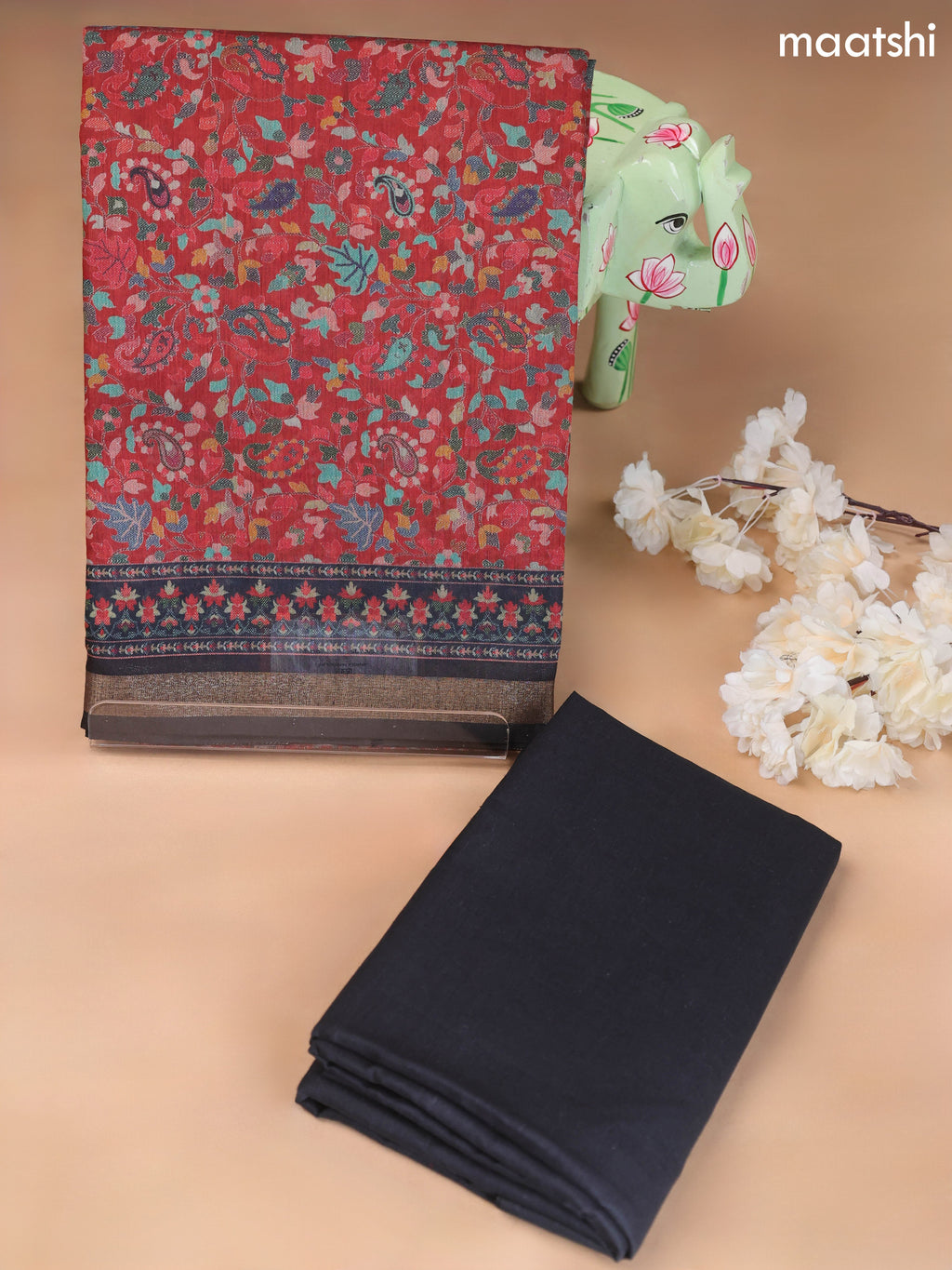 Dark Rust Art Silk Dress Material With Allover Floral Prints