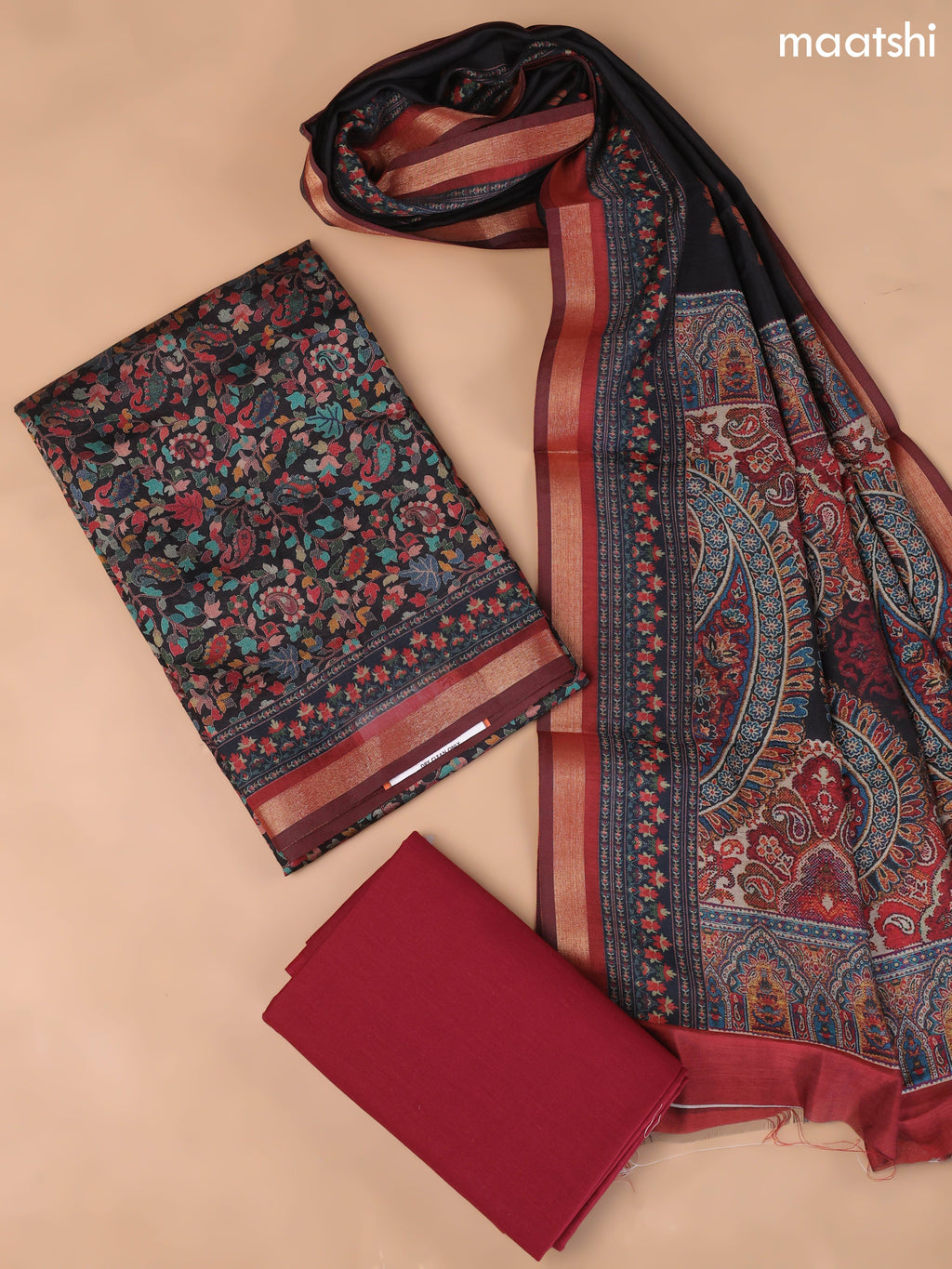 Black and Brown Art Silk Dress Material With Allover Floral Prints