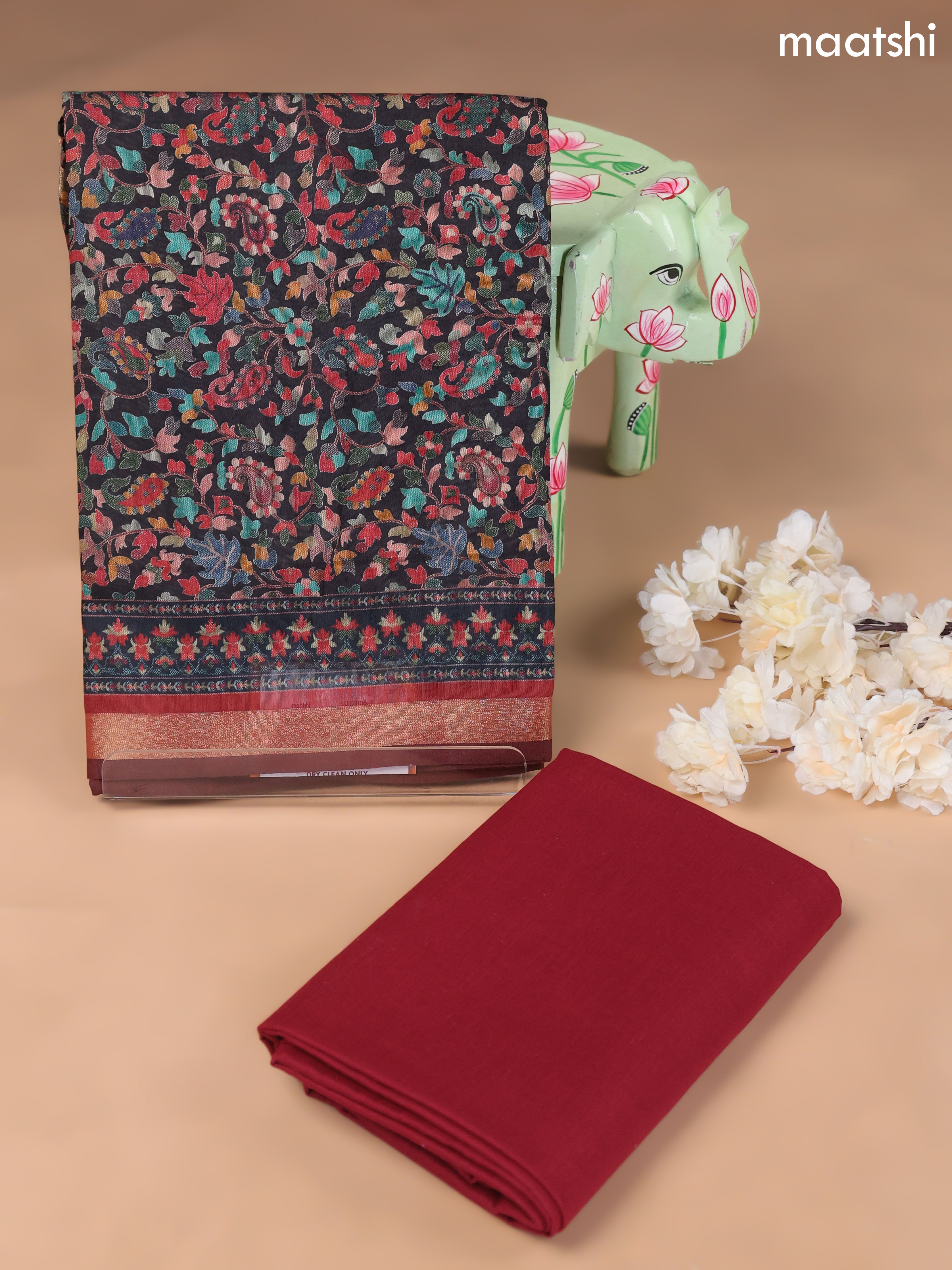 Black and Brown Art Silk Dress Material With Allover Floral Prints