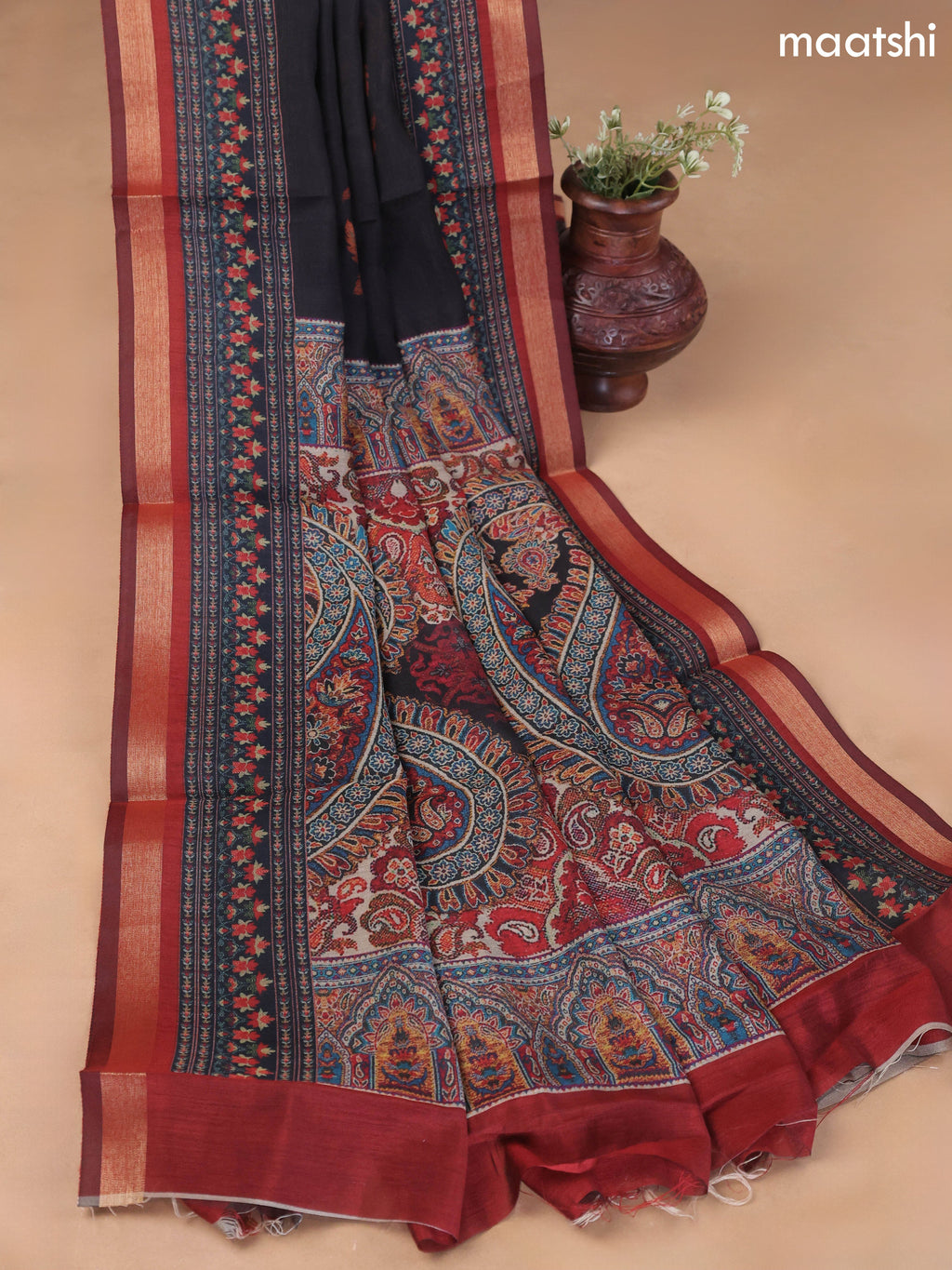 Black and Brown Art Silk Dress Material With Allover Floral Prints