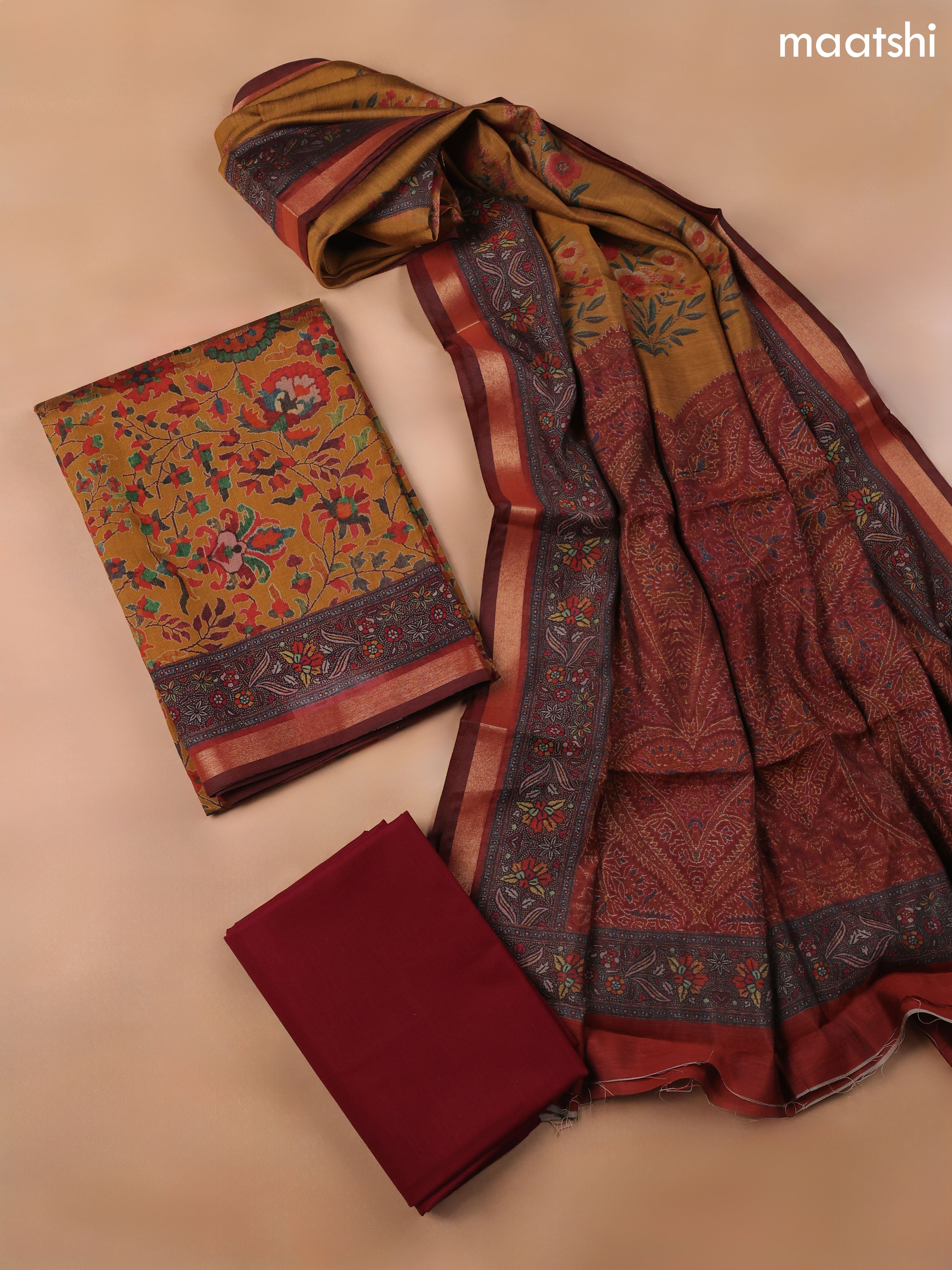 Mustard Yellow and Maroon Art Silk Dress Material With Allover Floral Prints