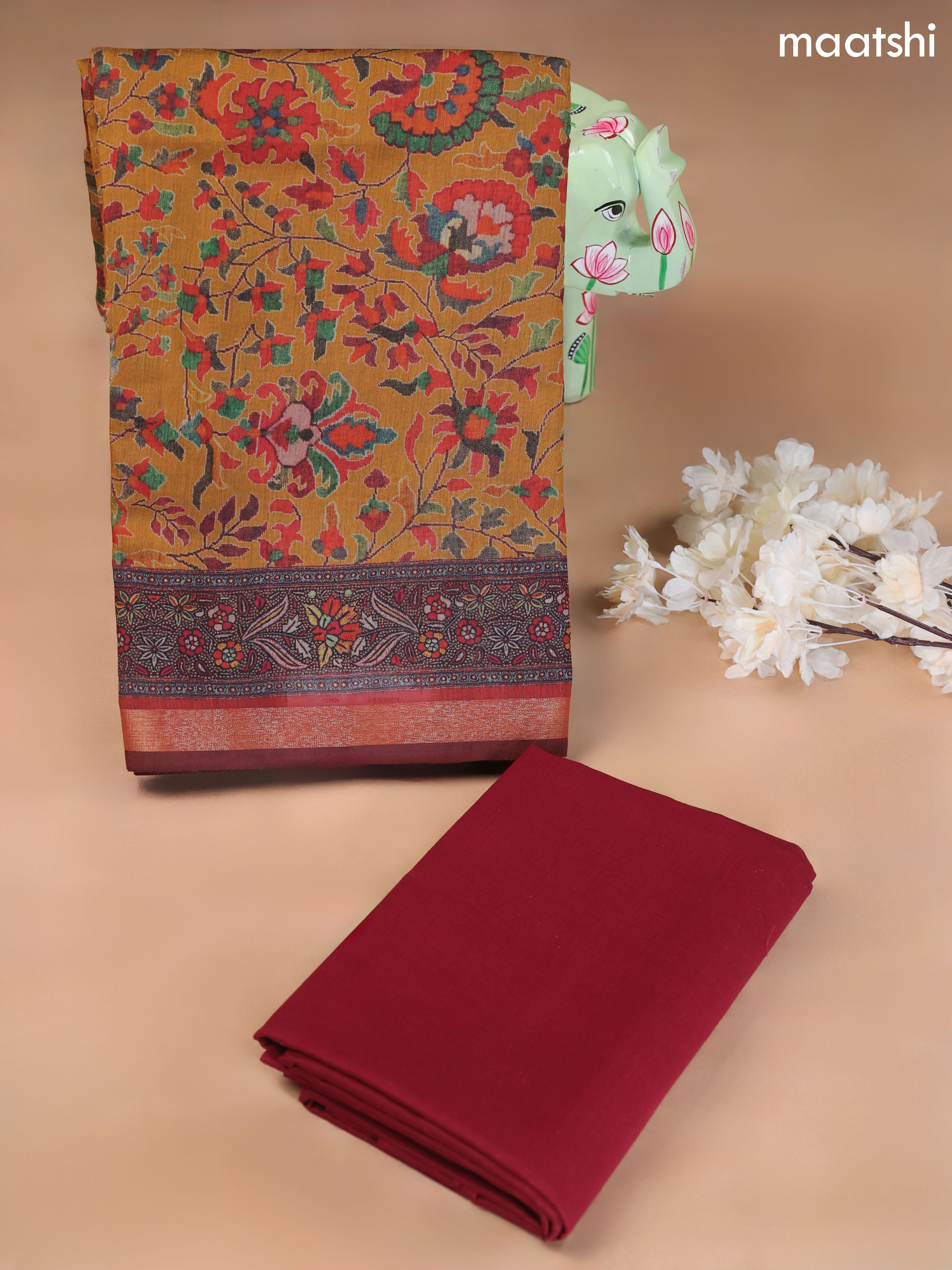 Mustard Yellow and Maroon Art Silk Dress Material With Allover Floral Prints