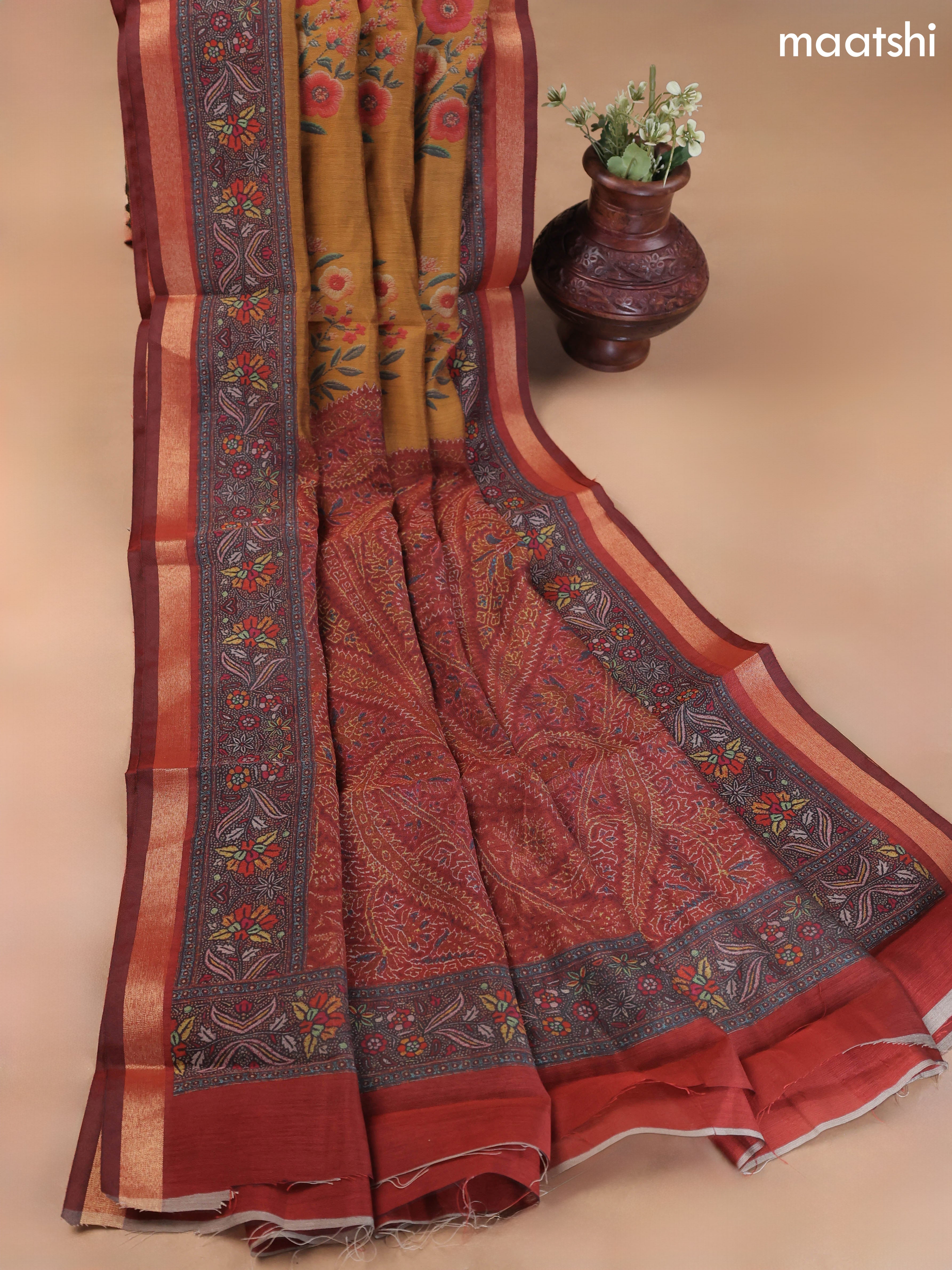 Mustard Yellow and Maroon Art Silk Dress Material With Allover Floral Prints