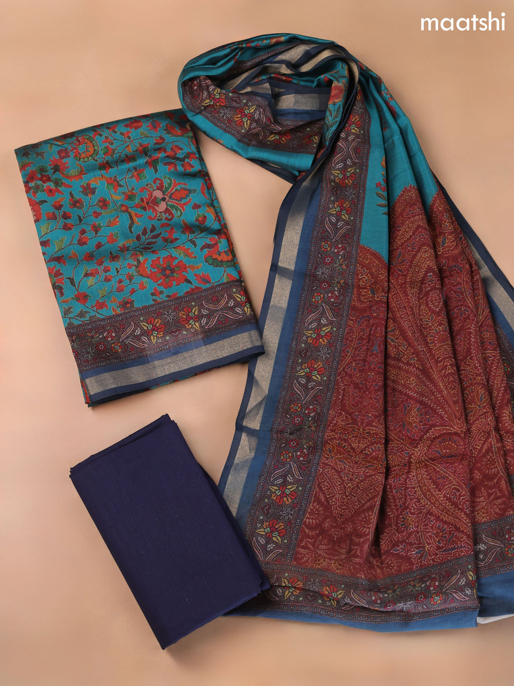 Teal Blue Art Silk Dress Material With Allover Floral Prints
