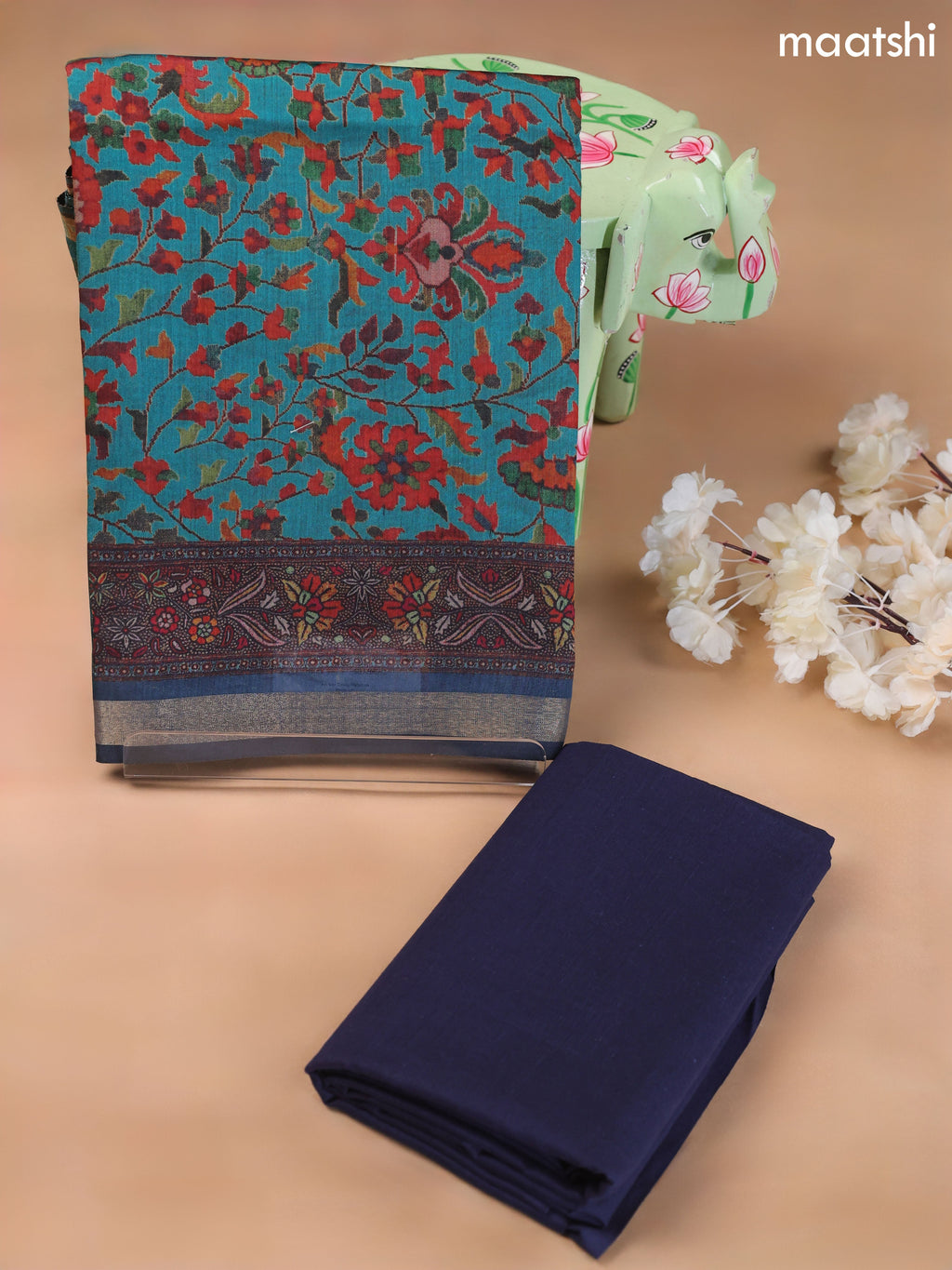 Teal Blue Art Silk Dress Material With Allover Floral Prints