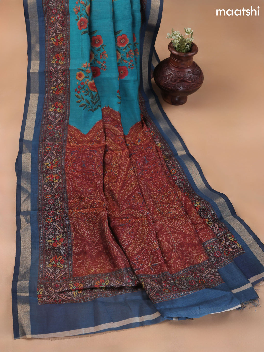 Teal Blue Art Silk Dress Material With Allover Floral Prints