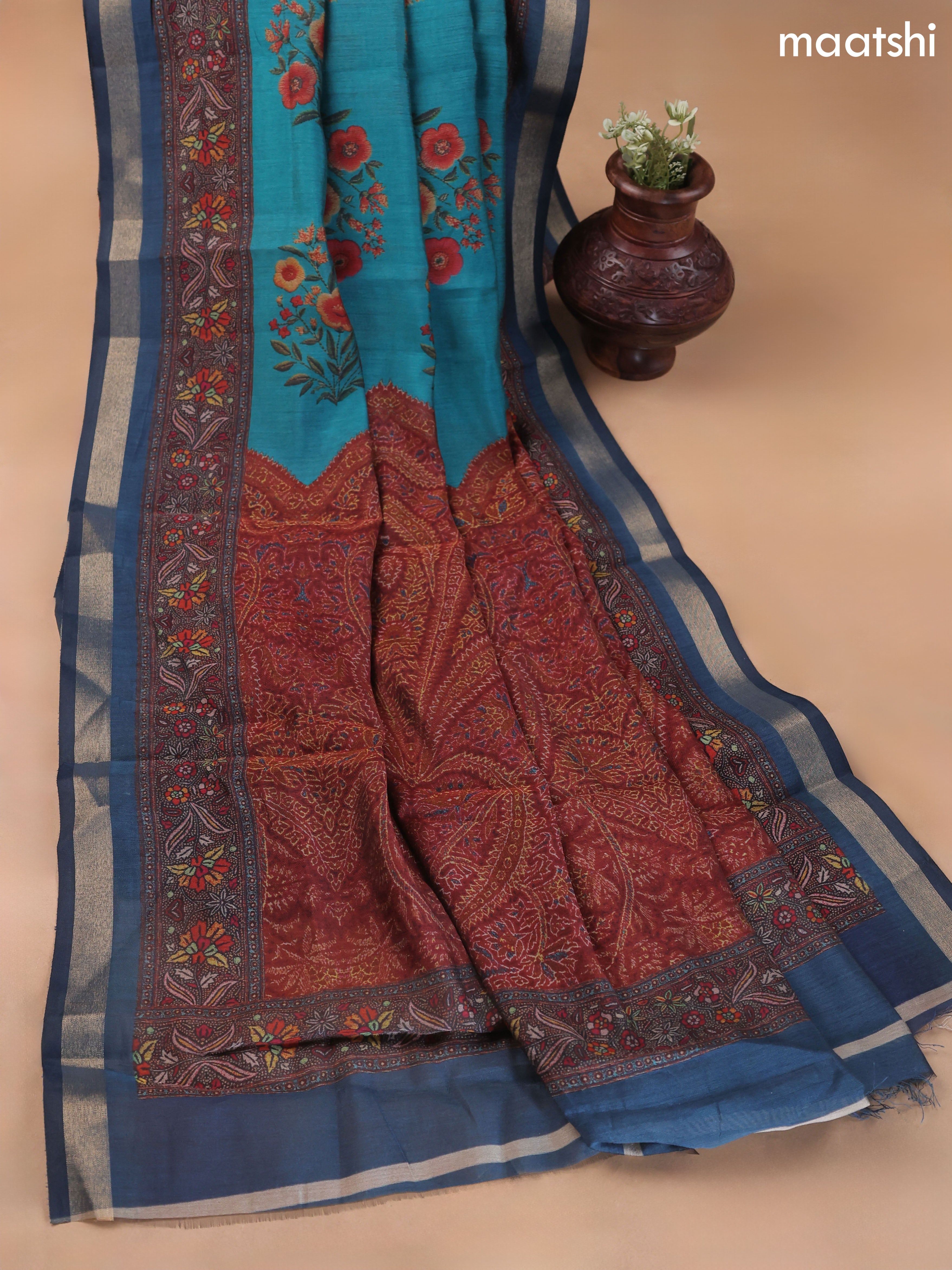 Teal Blue Art Silk Dress Material With Allover Floral Prints