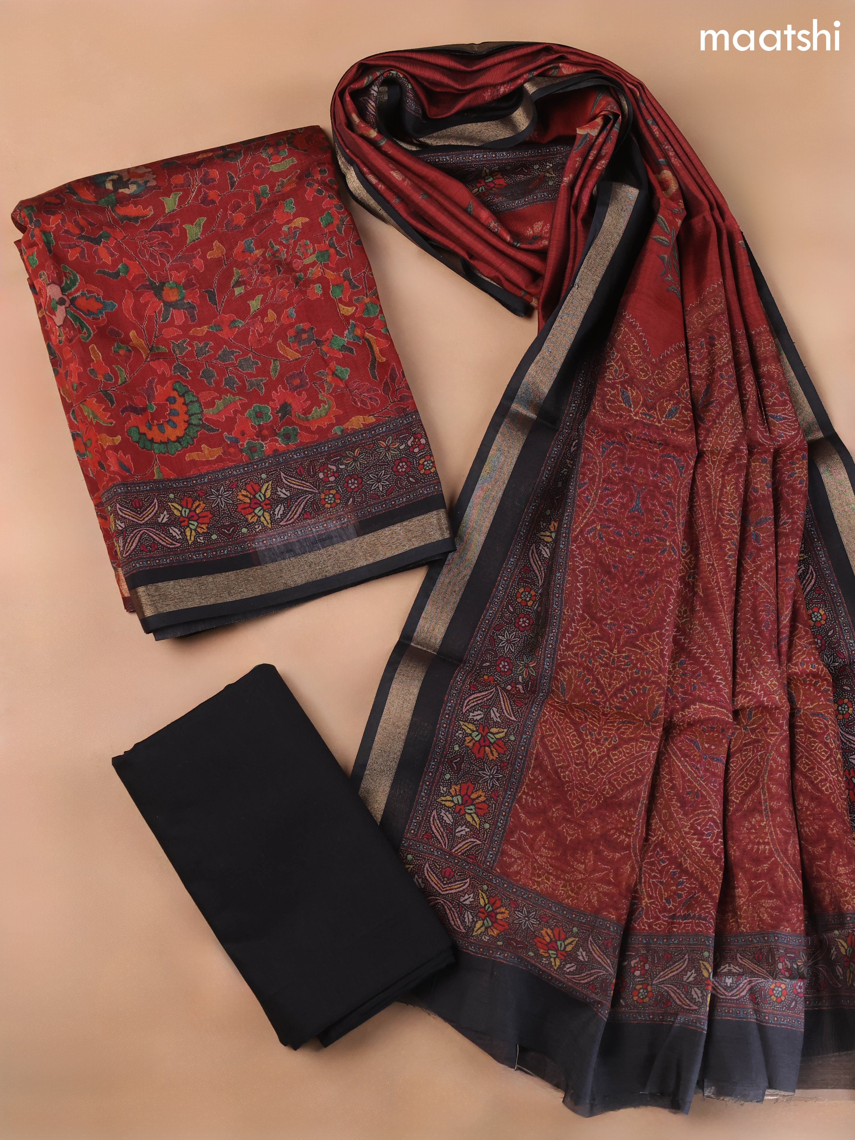 Dark Rust and Black Art Silk Dress Material With Allover Floral Prints