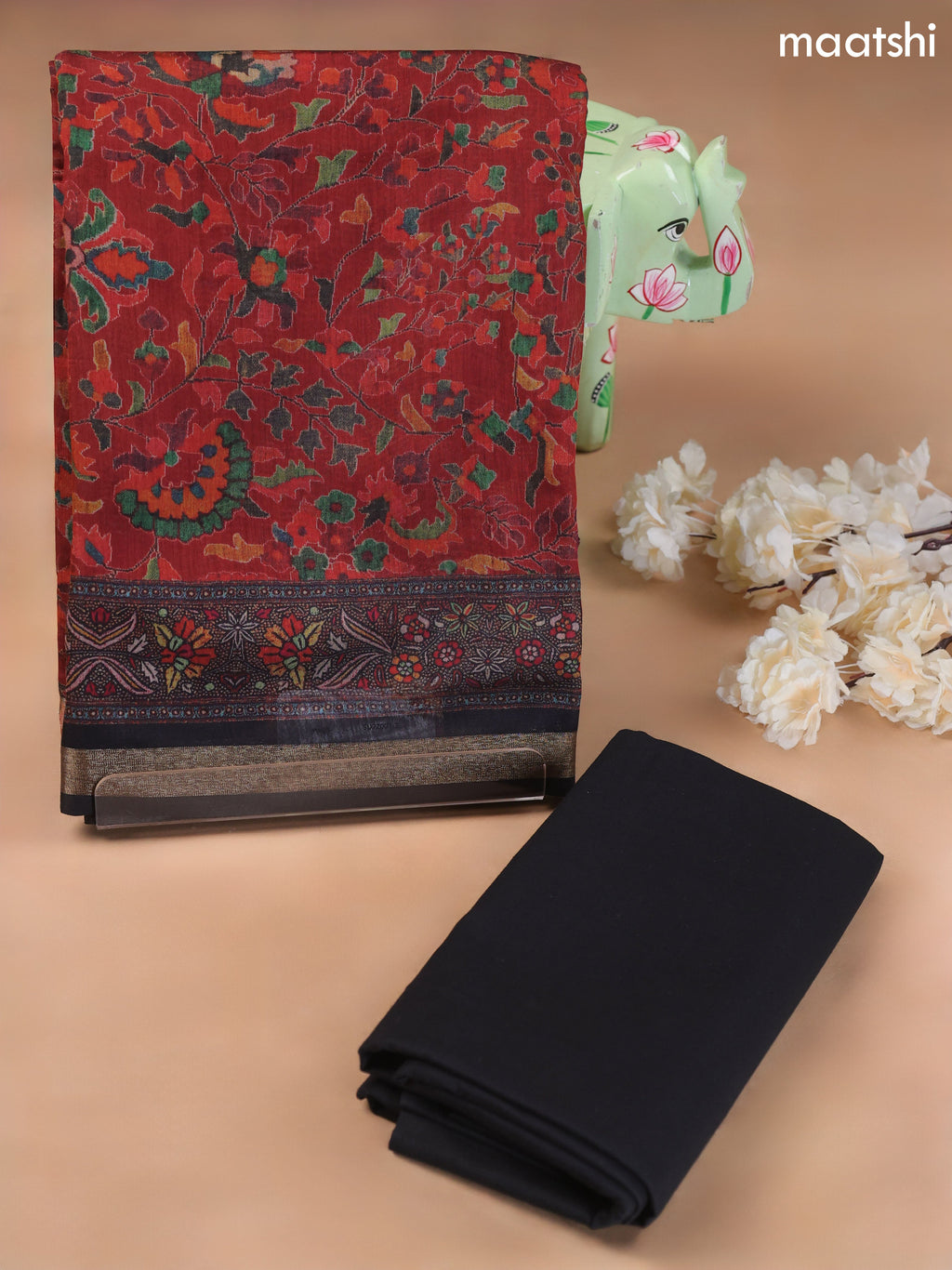 Dark Rust and Black Art Silk Dress Material With Allover Floral Prints