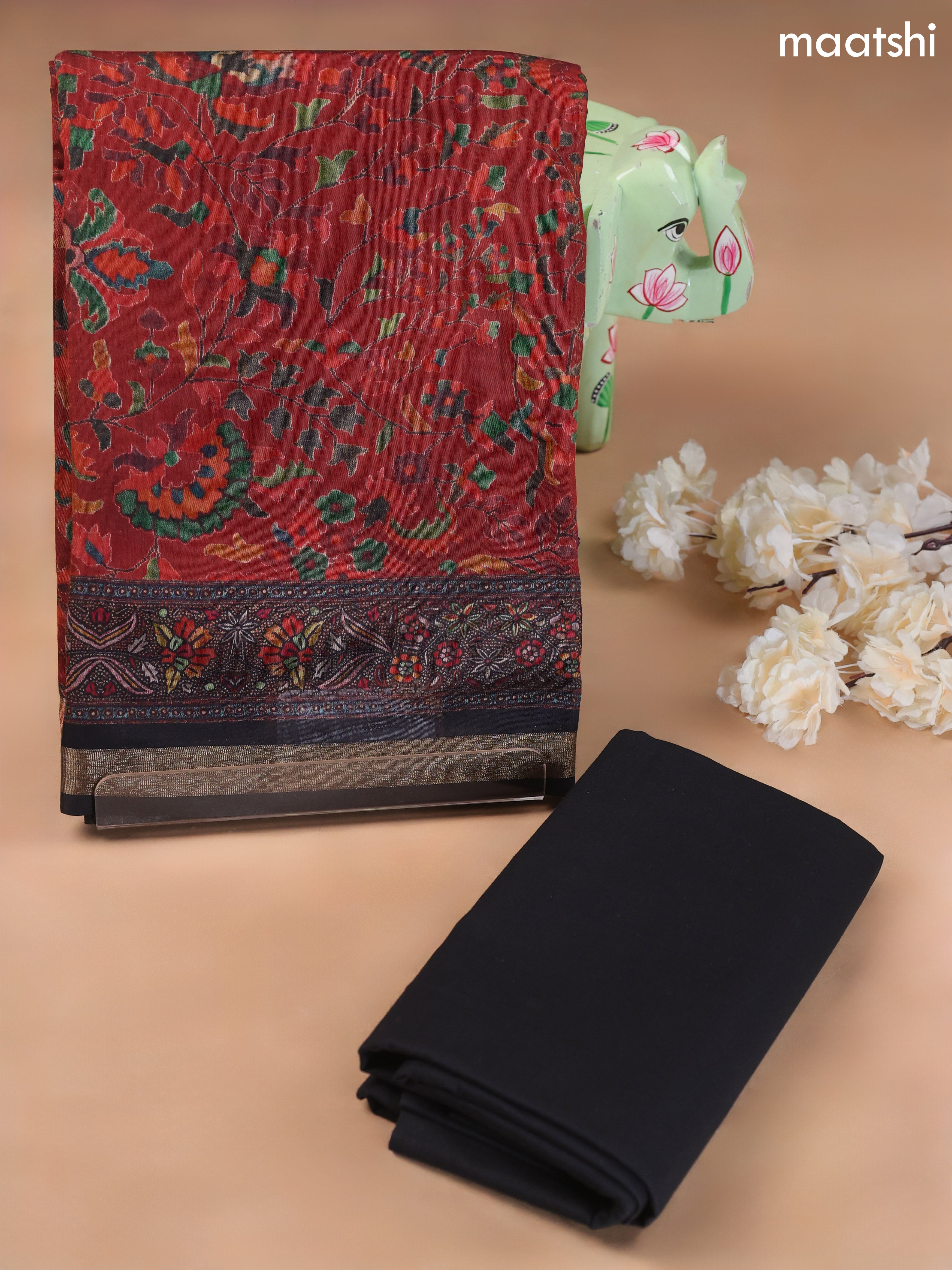 Dark Rust and Black Art Silk Dress Material With Allover Floral Prints
