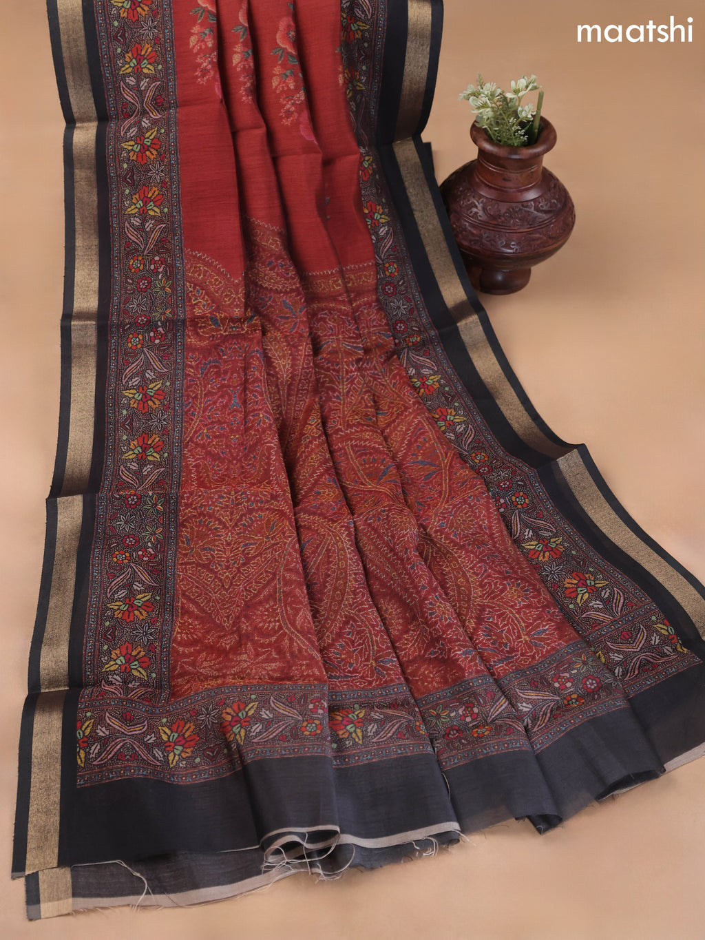 Dark Rust and Black Art Silk Dress Material With Allover Floral Prints