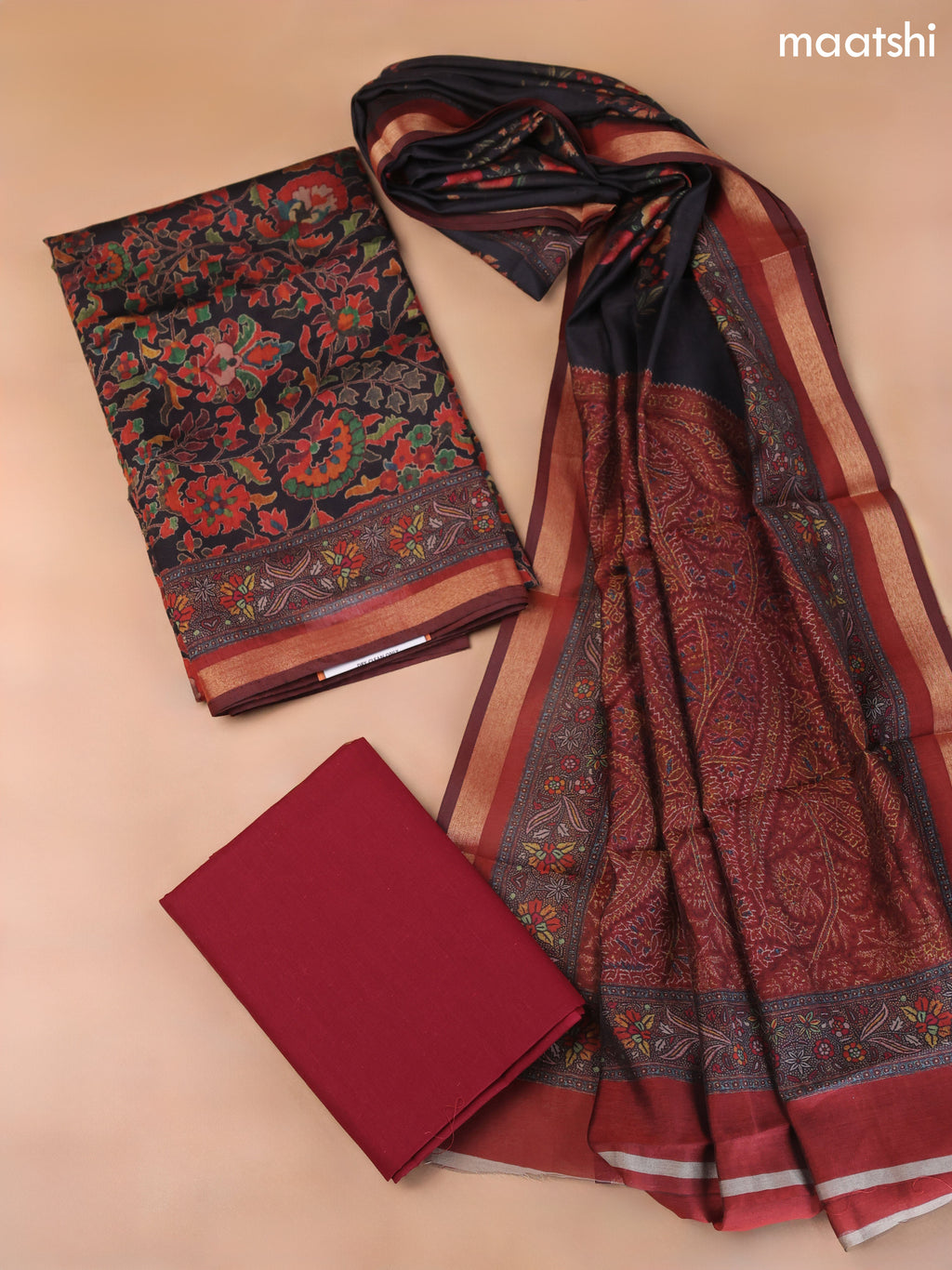 Black and Maroon Art Silk Dress Material With Allover Floral Prints